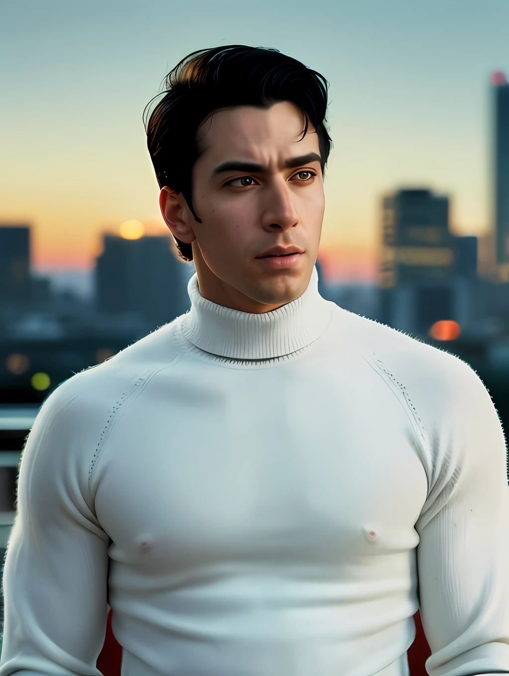 portrait of a handsome young boy, black hair, white skin (80s cyberpunk: 1.3) (ErinNobodySD15) pressed lips (seriously: 1.2) appearance (bright side light rim light: 1.2) deep dark shadows dramatic camera angle high-contrast color gradation (masterpiece: 1.2) (photorealistic: 1.2) (bokeh:1.2) (best quality) (detailed skin:1.3) (complex details) (8k) (HDR) (cinematic lighting) (sharp focus) (80sDarkFantasySD15b:1.2),  City, turtleneck shirt, Correntinha