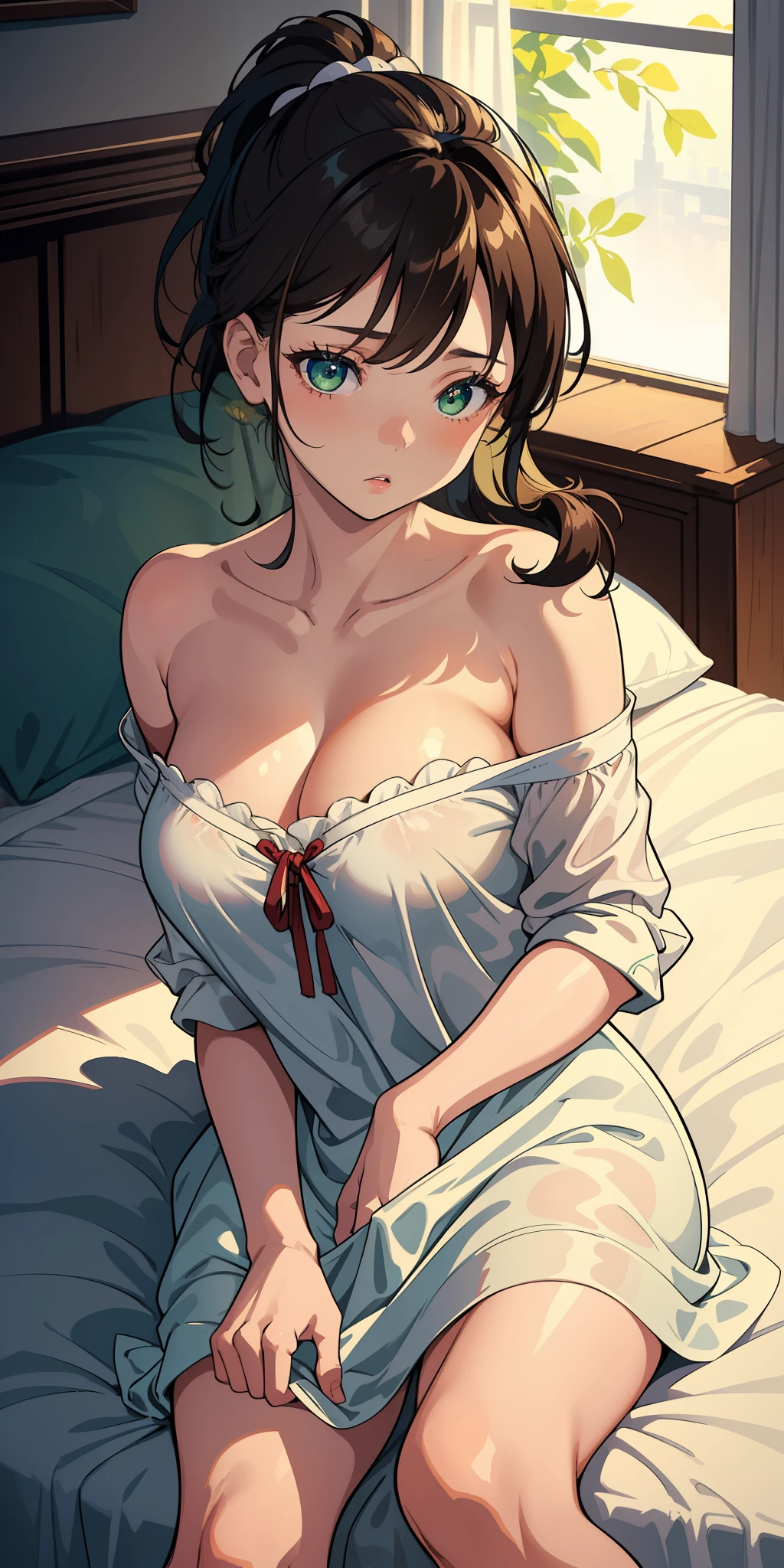 (masterpiece:1.2, best quality), (finely detailed beautiful eyes: 1.2), a girl with a brown ponytail, green eyes, big breasts, only 1 girl, age 20, waking up in the morning, sleepy, covered by quilt, lay in bed