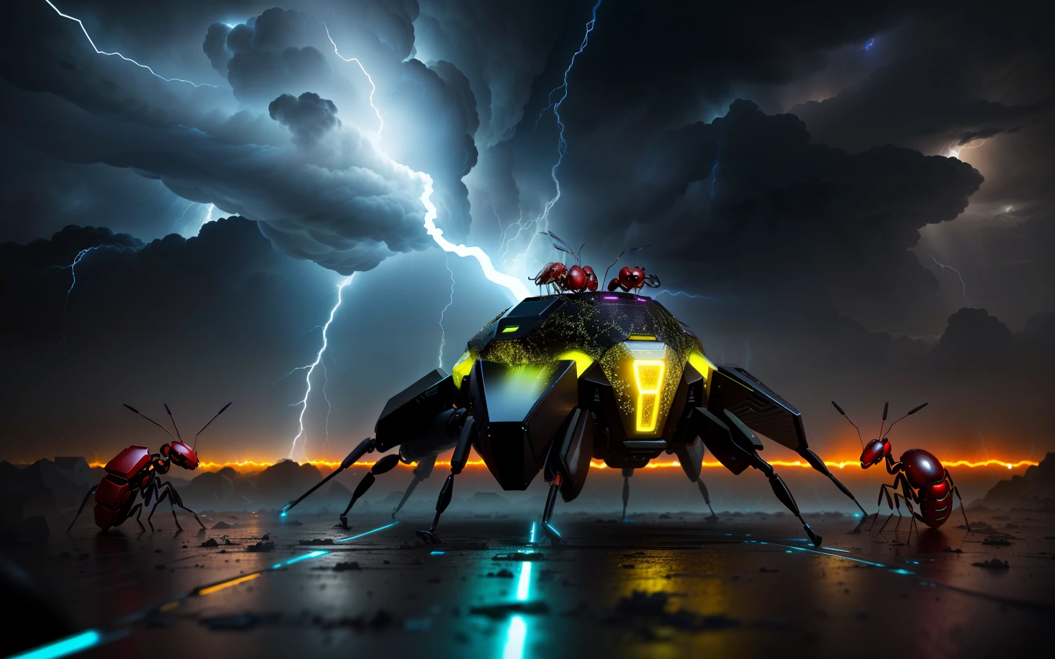 ants under an electric storm, multiple lightning, under a heavy acid rain, digging a metal pear, 4K, semi-realistic-variation