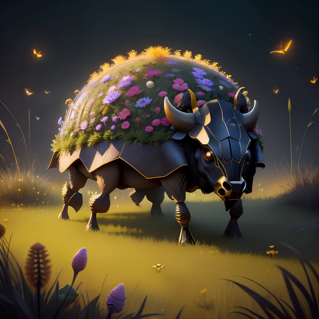 anthill made of buffalo skull, detailed, 3D rendering, around flowers and grass and fireflies, photorealistic, magical style