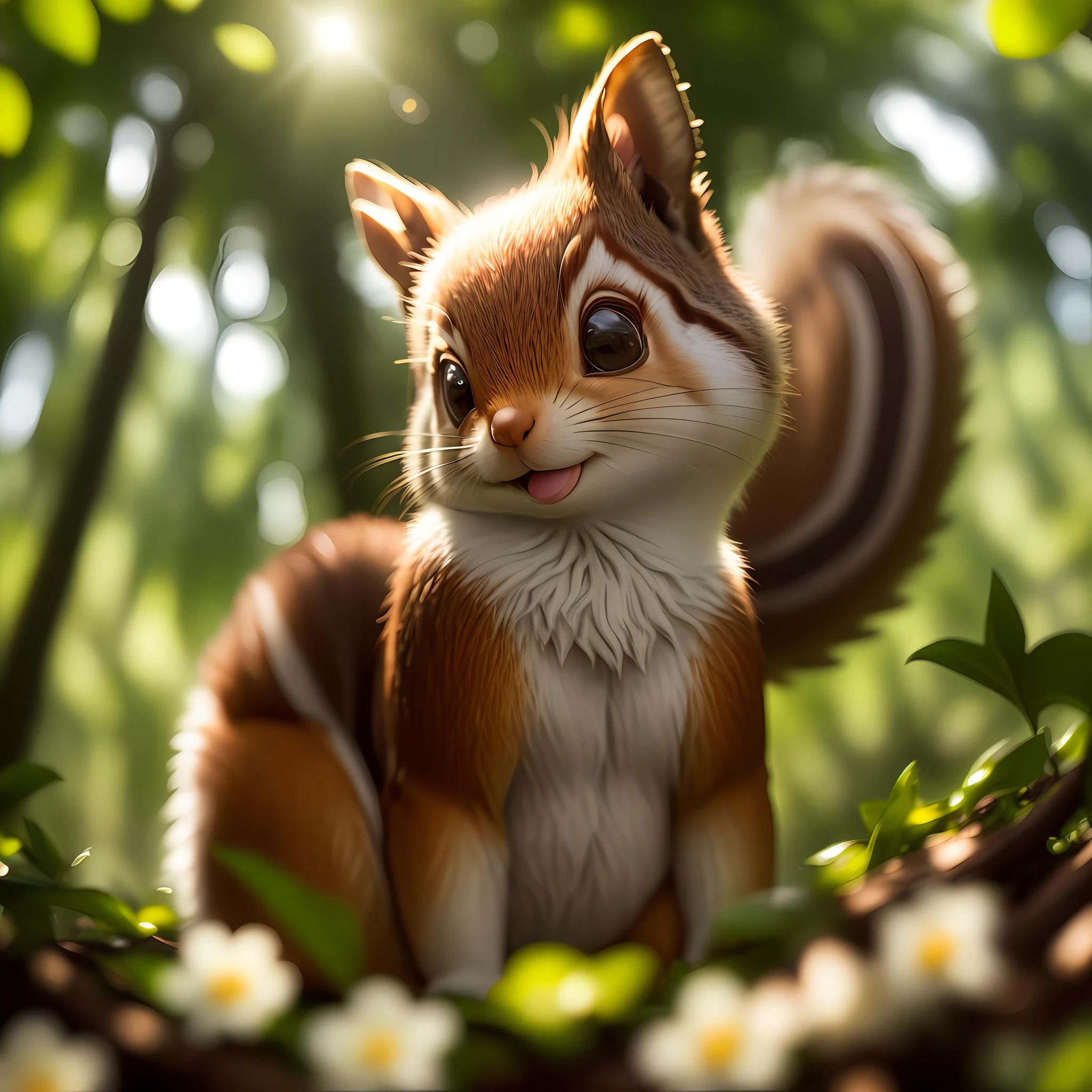 um esquilo fofo, na floresta, animal ears, squirrel ears, smile, Pixar, backlighting, depth of field, first-person view, Fujifilm, masterpiece, anatomically correct, high quality, HD