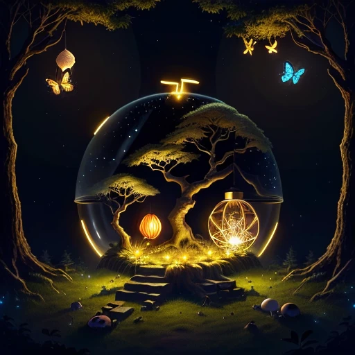 drawing me egg-shaped ant nests at night in an ancient forest, with tree spirits in spherical glass cages, twinkling lights, poetic, with fireflies and butterflies glowing, 4k, HDR, animated