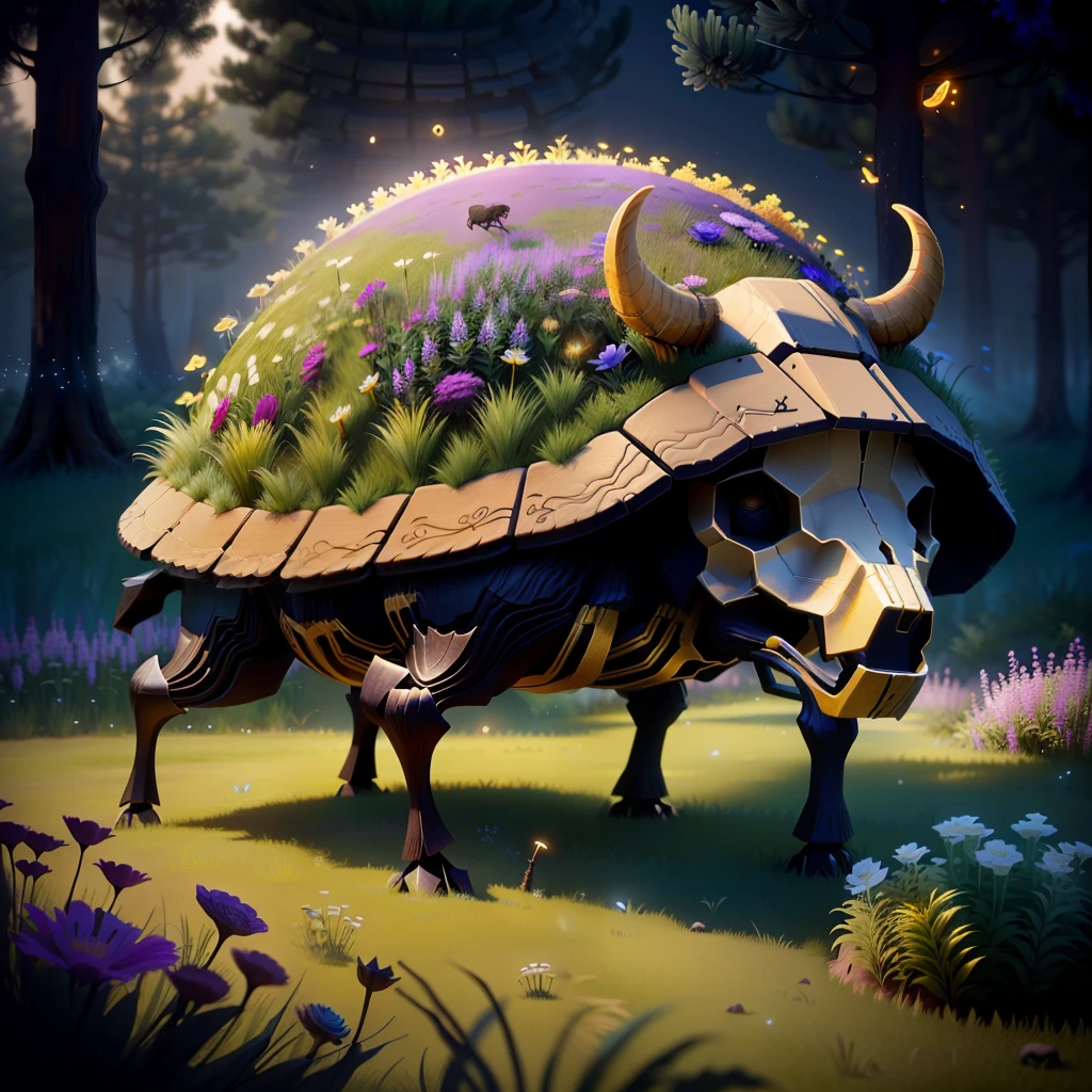 anthill made of buffalo skull, detailed, 3D rendering, around flowers and grass and fireflies, photorealistic, magical style