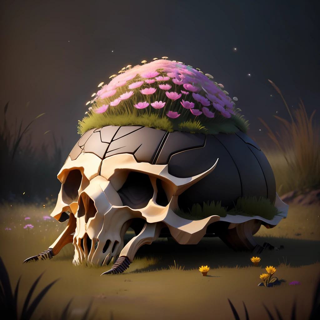 anthill made of buffalo skull, detailed, 3D rendering, around flowers and grass and fireflies, photorealistic, magical style