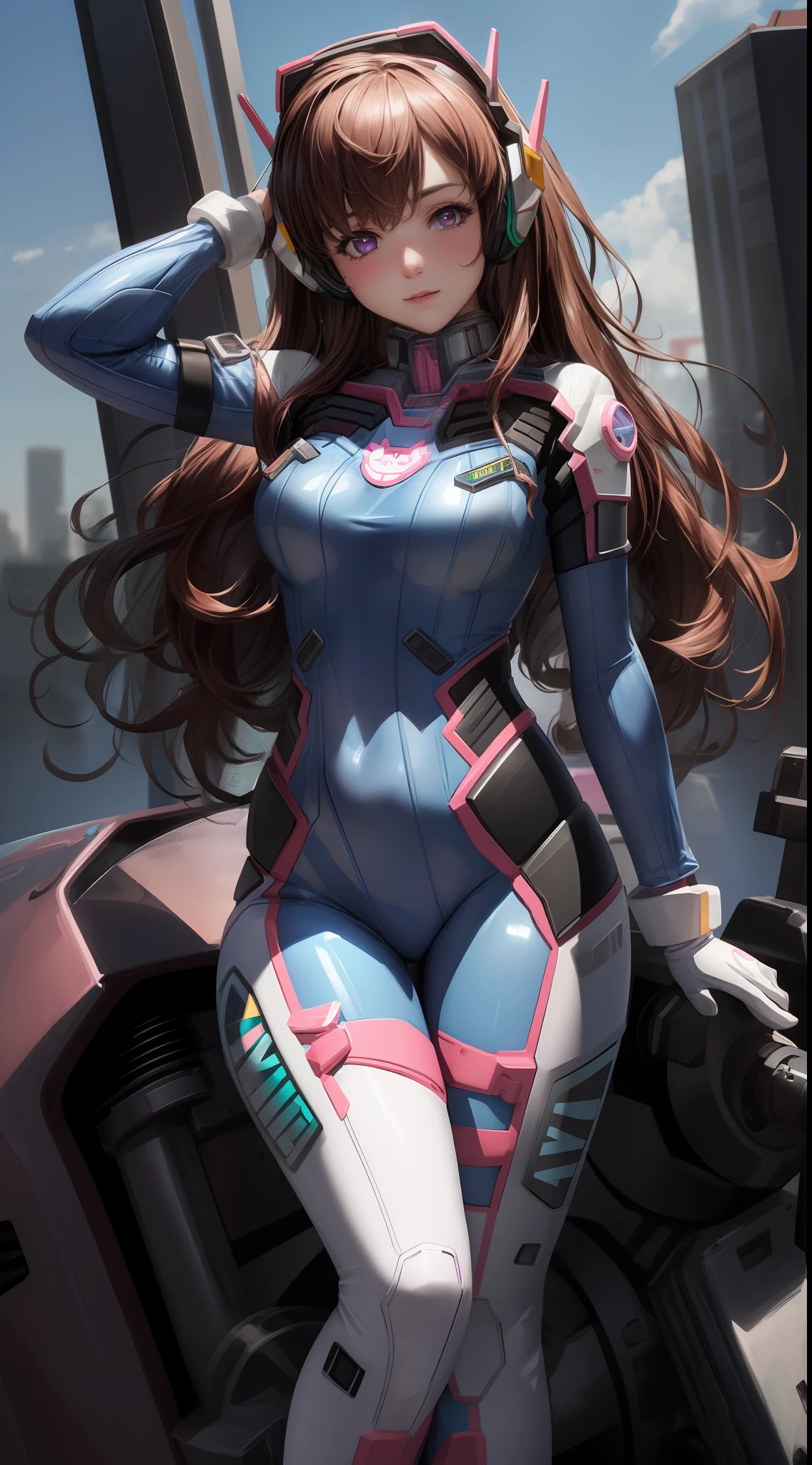 Masterpiece, Best Quality, High Resolution, 1Girl, Ultra High Resolution, Solo, Mecha Pilot, D.VA, Headphones, Pink Eyes, Cat Face Adornament, Blue Tights, Brown Hair, White Gloves,