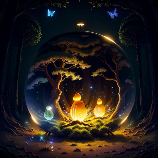 drawing me egg-shaped ant nests at night in an ancient forest, with tree spirits in spherical glass cages, twinkling lights, poetic, with fireflies and butterflies glowing, 4k, HDR, animated