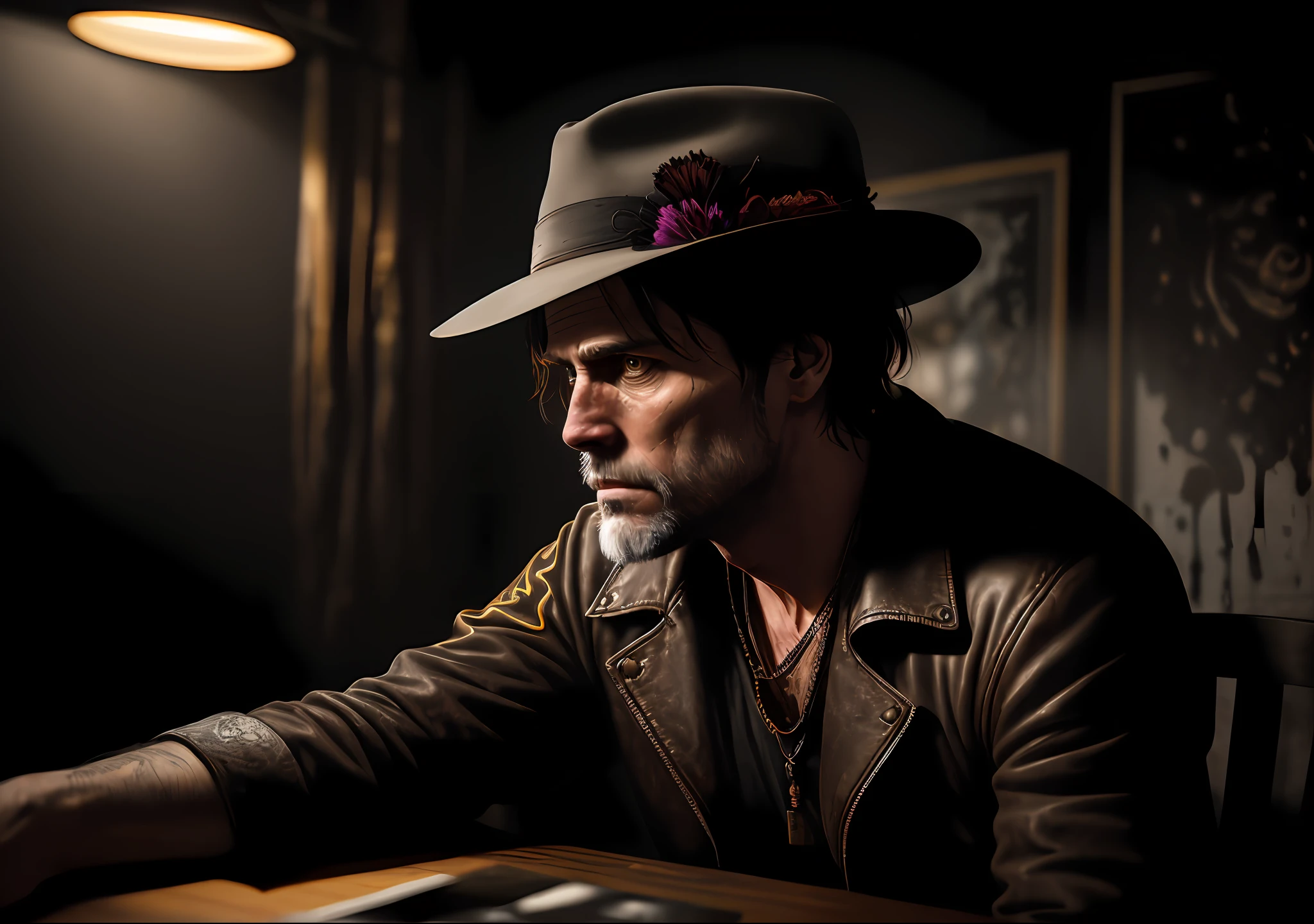 Jim Carrey dark photo: sitting at the table with a hat, realistic epic, portrait of, James Gilleard, Joe Fenton, Kaethe Butcher, yellow gradient, black, brown and magenta color scheme, grunge aesthetic!!! Graffiti brand wall background, art by Greg Rutkowski and Artgerm, soft cinematic light, Adobe Lightroom, Photo Lab, HDR, intricate, highly detailed, (depth of field: 1.4), faded, (neutral colors: 1.2), (HDR: 1.4), (soft colors:1.2), hyperdetailed, (Artstation:1.4), cinematic, warm lights, dramatic light, (intricate details:1.1), complex background, (Rutkowski:0.66), (blue and orange:0.4)