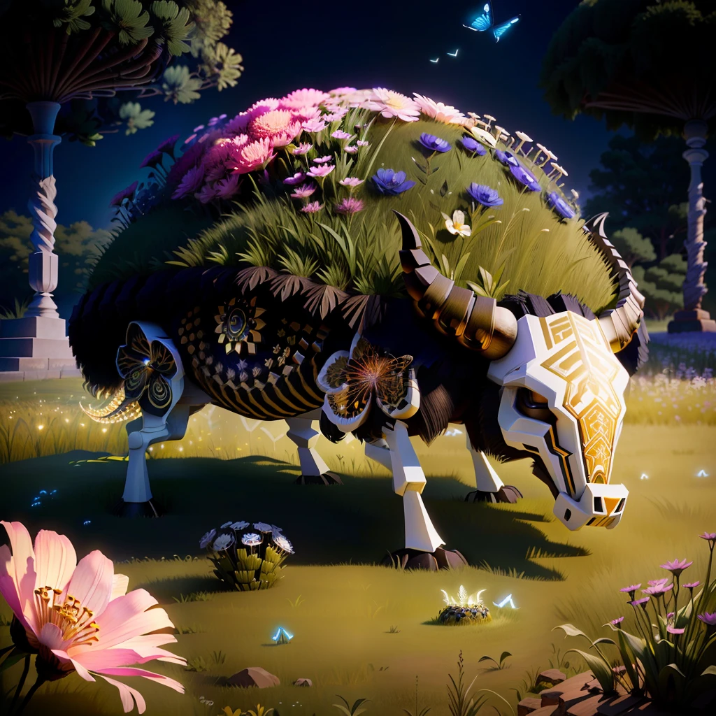 anthill made of buffalo skull, detailed, 3D rendering, around flowers and grass and fireflies, photorealistic, magical style