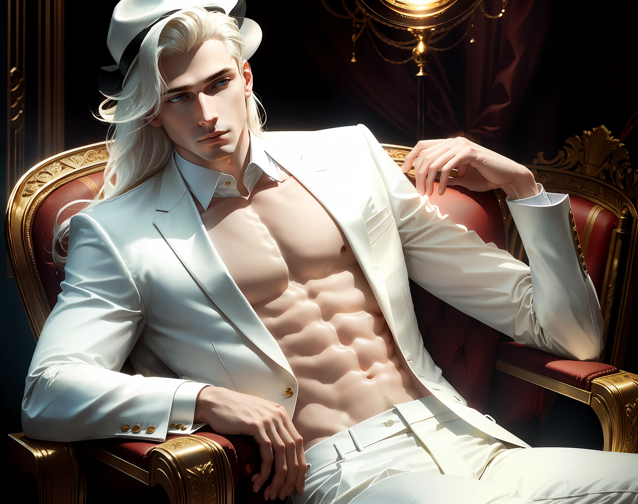 masterpiece, highest quality, (solo focus), stunning man sitting in a Chester chair, (perfect face:1.1), (high detail:1.1), dramatic, 1guy, (pale skin), (extremely detailed white hair), hair intakes, (extremely detailed white eyes), [light eyebrows], solo, long hair, white luxury suit, white fedora hat, covered navel, pouty lips, jazz club, detailed background, cinematic lighting,