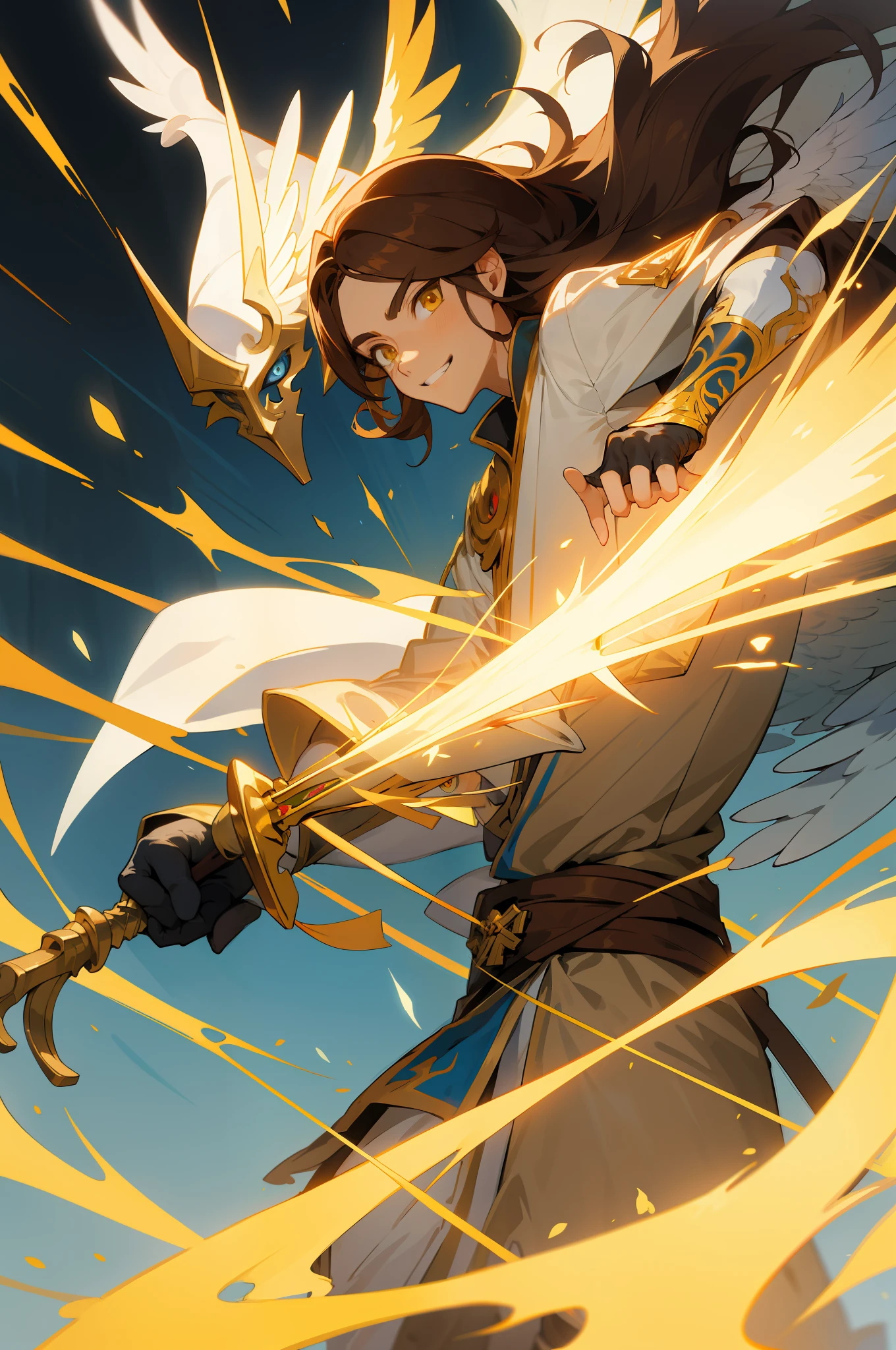 Anime half masked angel man with two rapiers, breath of the wild art style. Noble clothes, golden eyes, dark hair. Grinning