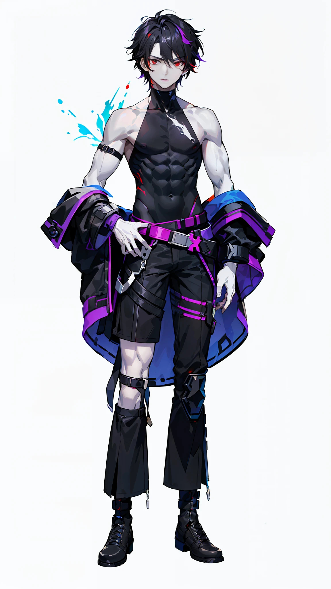 cyberpunk male, dark background, clean design, colorful paint splash, silhouette, ultra-detailed intricate details, complementary colors, masterpiece, (((handsome young man))), ((teenage: 1.5)), ((red eyes)), (short brunet: 1.1))), ((black), black hair, ((pectoral muscles) purple pick dye (white skin)