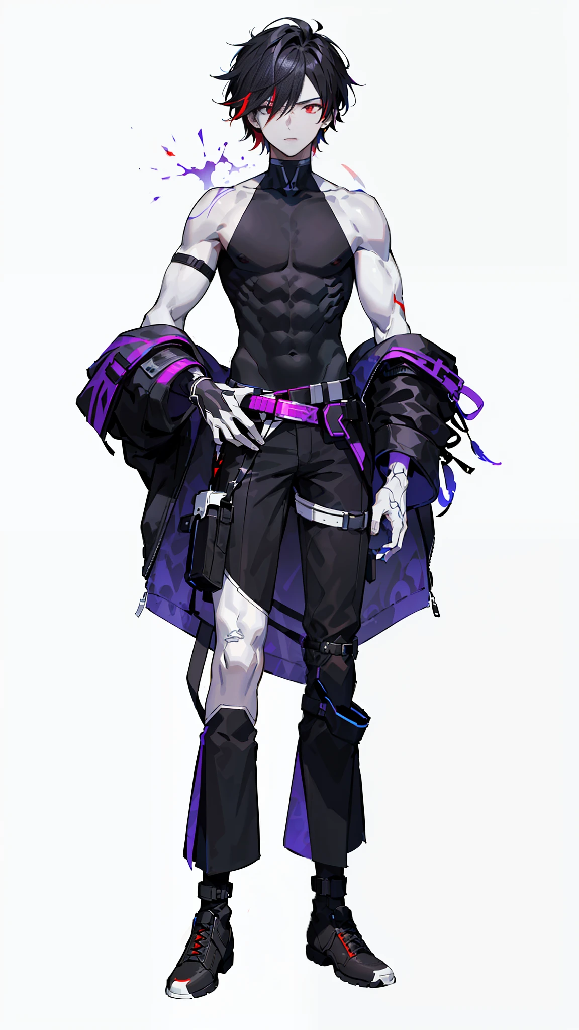 cyberpunk male, dark background, clean design, colorful paint splash, silhouette, ultra-detailed intricate details, complementary colors, masterpiece, (((handsome young man))), ((teenage: 1.5)), ((red eyes)), (short brunet: 1.1))), ((black), black hair, ((pectoral muscles) purple pick dye (white skin)