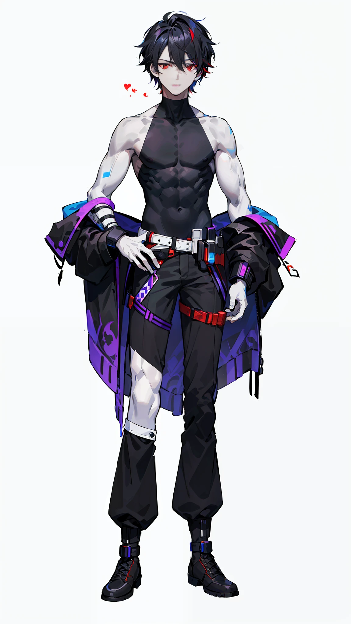 cyberpunk male, dark background, clean design, colorful paint splash, silhouette, ultra-detailed intricate details, complementary colors, masterpiece, (((handsome young man))), ((age: 1.5)), ((red eyes)), (short brunet: 1.1))), ((black), black hair, ((pectoral muscles) purple pick dye (white skin)