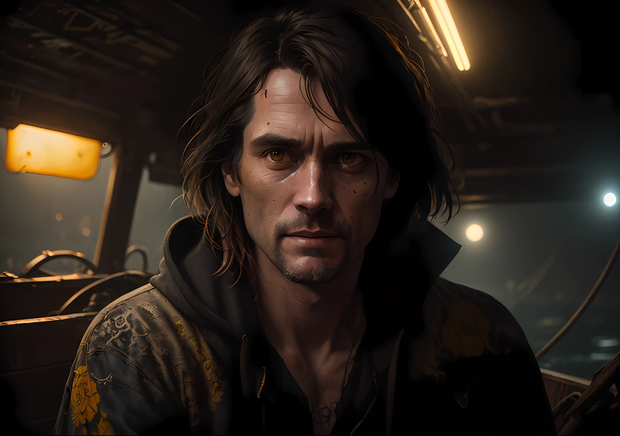 Jim Carrey dark photo: sitting on an old boat, realistic epic, portrait of, James Gilleard, Joe Fenton, Kaethe Butcher, yellow gradient, black, brown and magenta color scheme, grunge aesthetic!!! Graffiti brand wall background, art by Greg Rutkowski and Artgerm, soft cinematic light, Adobe Lightroom, Photo Lab, HDR, intricate, highly detailed, (depth of field: 1.4), faded, (neutral colors: 1.2), (HDR: 1.4), (soft colors:1.2), hyperdetailed, (Artstation:1.4), cinematic, warm lights, dramatic light, (intricate details:1.1), complex background, (Rutkowski:0.66), (blue and orange:0.4)