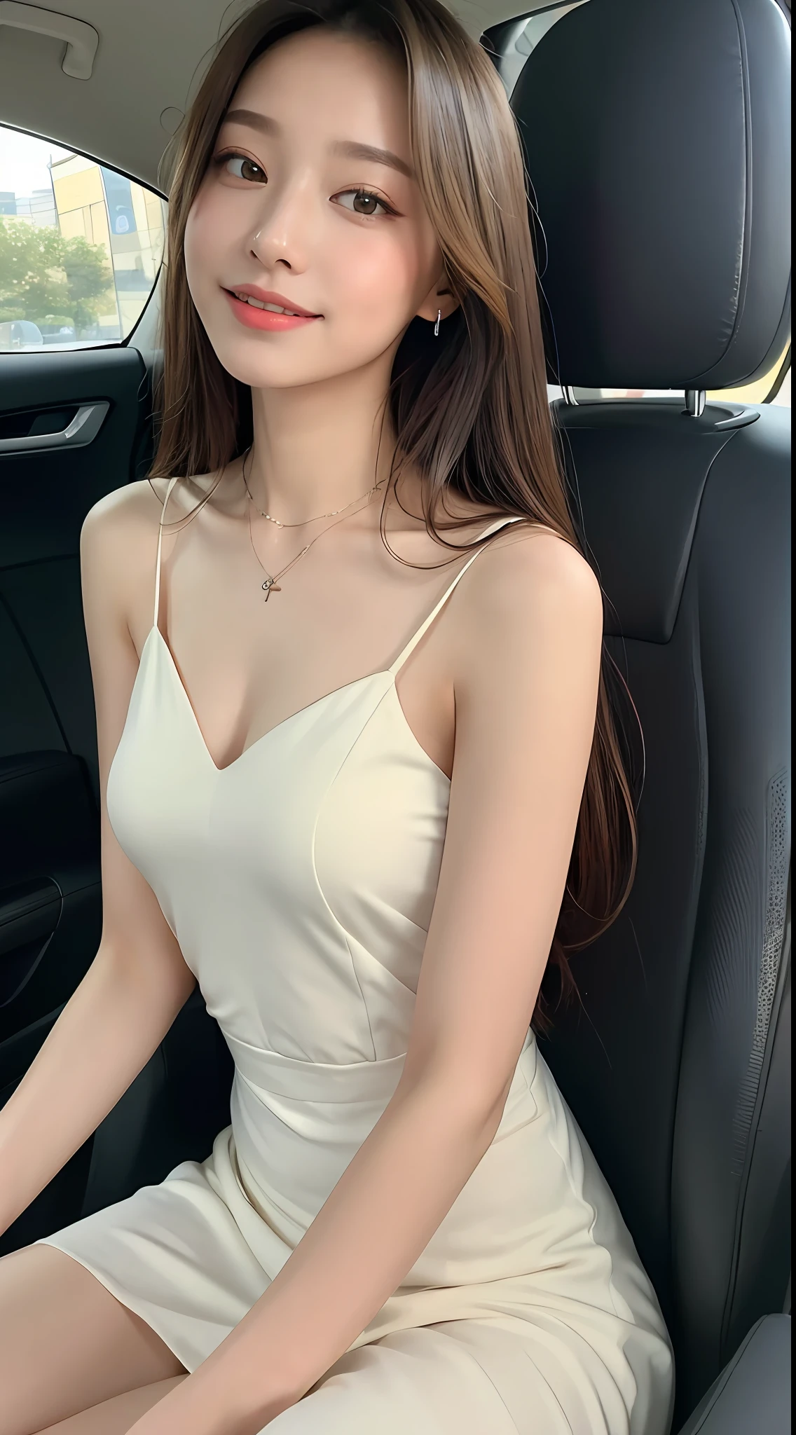 1girl ((Best Quality, 8k, Masterpiece: 1.3)), Focus: 1.2, Perfect Body Beauty: 1.4, Buttocks: 1.2, (Delicate Long Hair)), (Dress: 1.1) , (Sports car, street: 1.2), Highly detailed face and skin texture, Fine eyes, Double eyelids, Whitened skin, Smile, Wearing necklace, ring, person sitting inside a car.