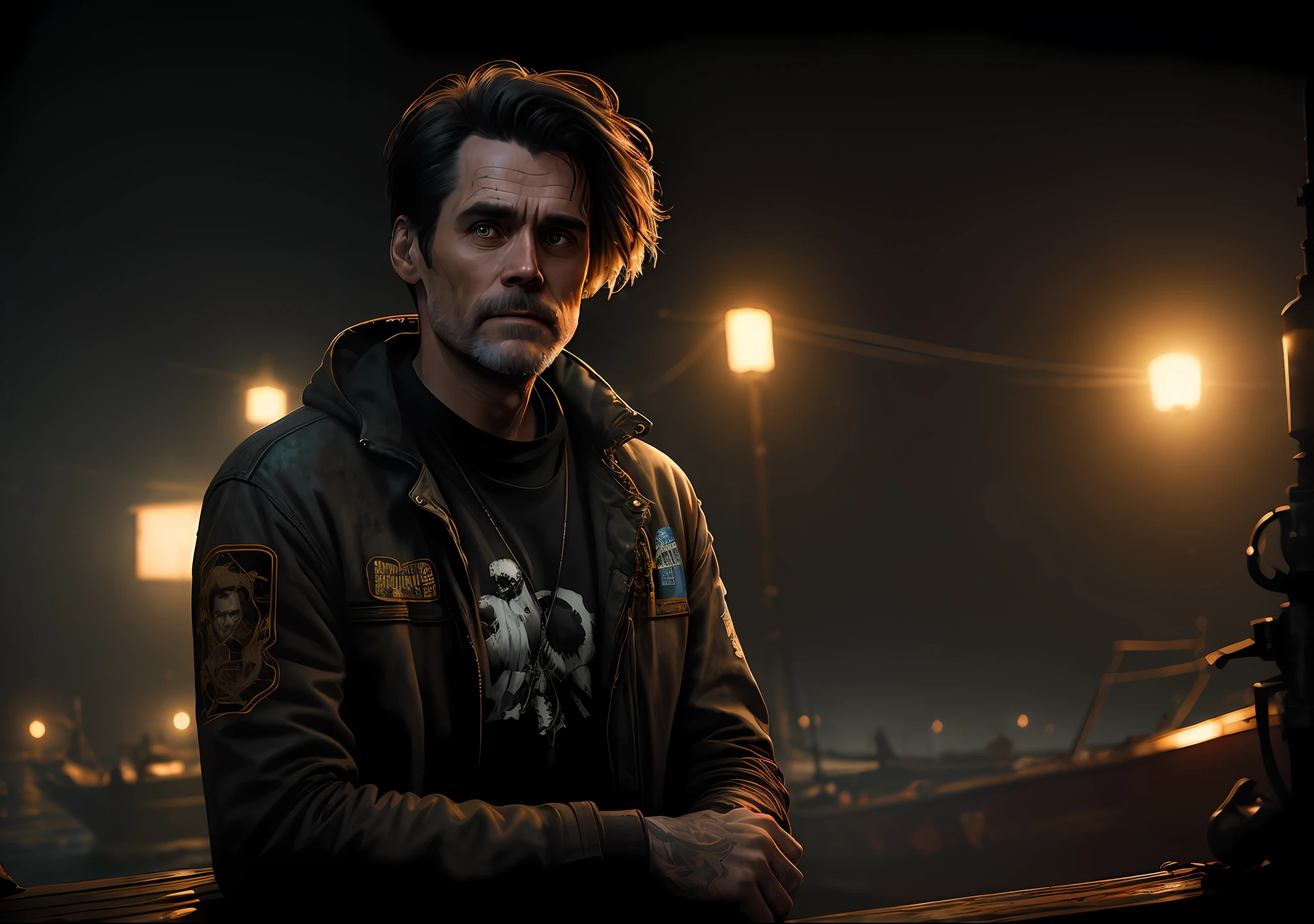 Jim Carrey dark photo: sitting on an old boat, realistic epic, portrait of, James Gilleard, Joe Fenton, Kaethe Butcher, yellow gradient, black, brown and magenta color scheme, grunge aesthetic!!! Graffiti brand wall background, art by Greg Rutkowski and Artgerm, soft cinematic light, Adobe Lightroom, Photo Lab, HDR, intricate, highly detailed, (depth of field: 1.4), faded, (neutral colors: 1.2), (HDR: 1.4), (soft colors:1.2), hyperdetailed, (Artstation:1.4), cinematic, warm lights, dramatic light, (intricate details:1.1), complex background, (Rutkowski:0.66), (blue and orange:0.4)