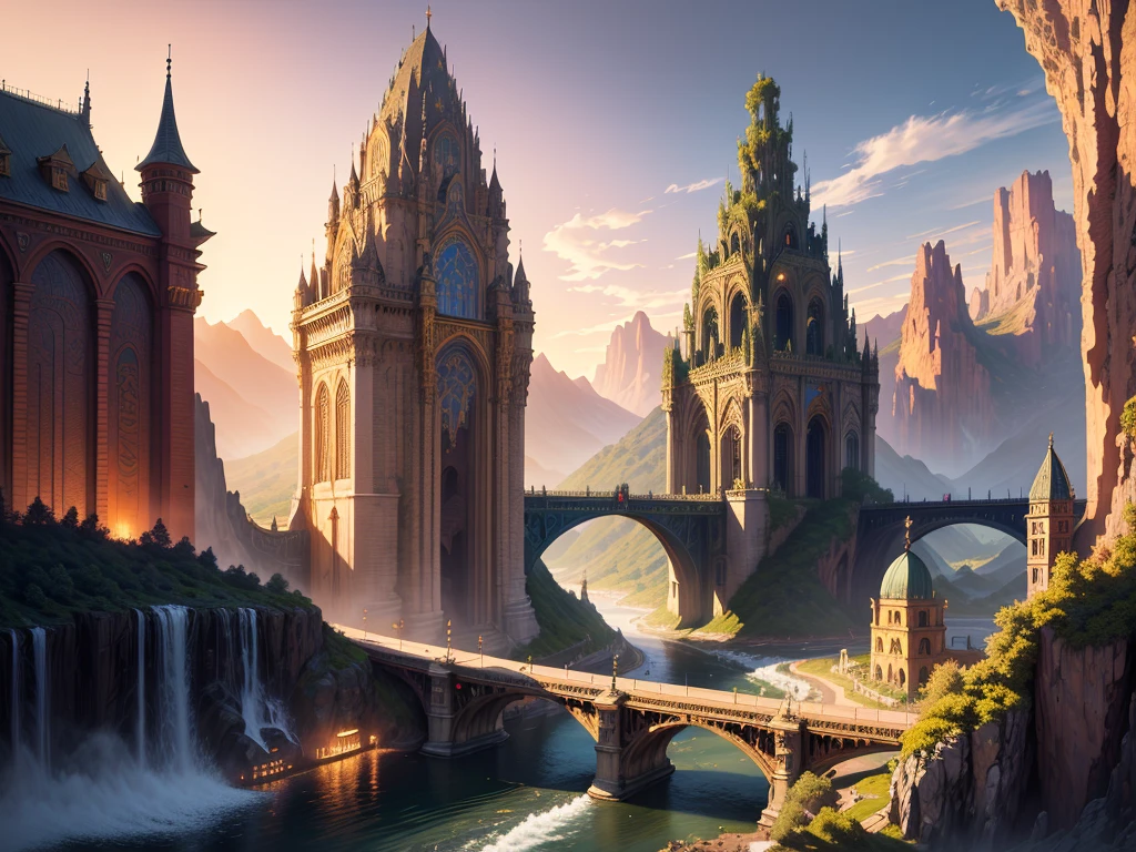 "(Masterpiece:1.2), extremely intricate details, FF14 style, dynamic painting, depicting a bustling mystical city with a majestic bridge that crosses shimmering rivers, surrounded by giant statues from which towering waterfalls arise. The vast landscape explodes with vivid colors in the golden hour of photography."