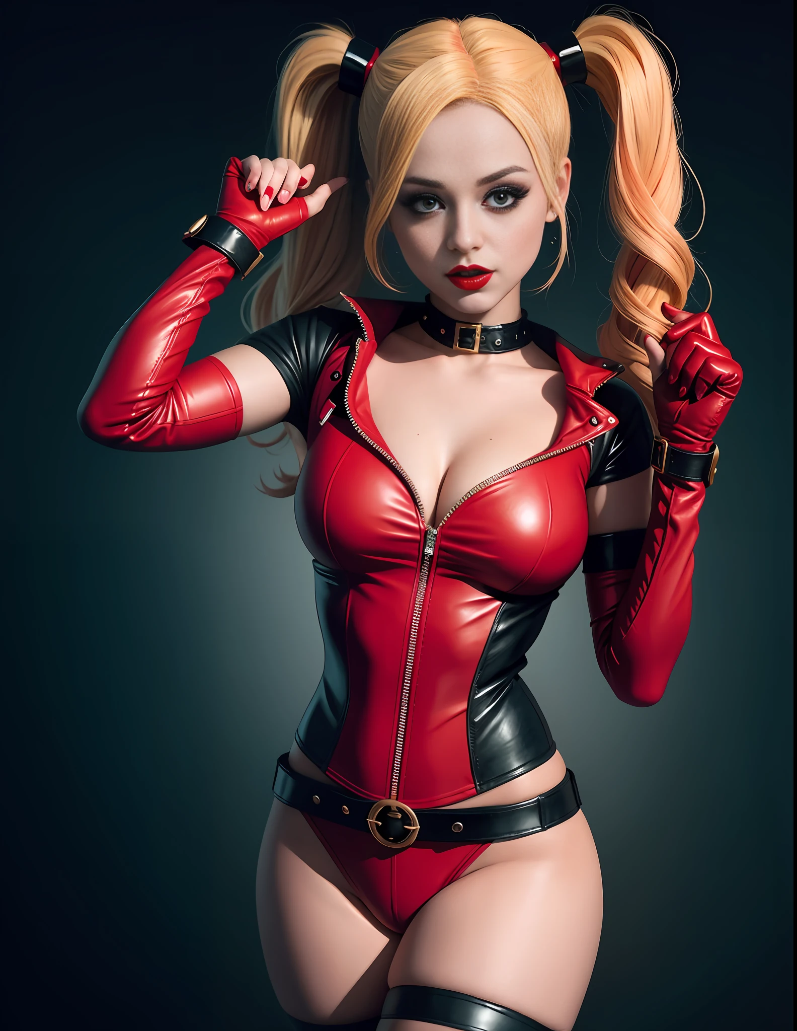 a doll dressed like harley quinn in a red leather costume, in the style of bunnycore, high resolution