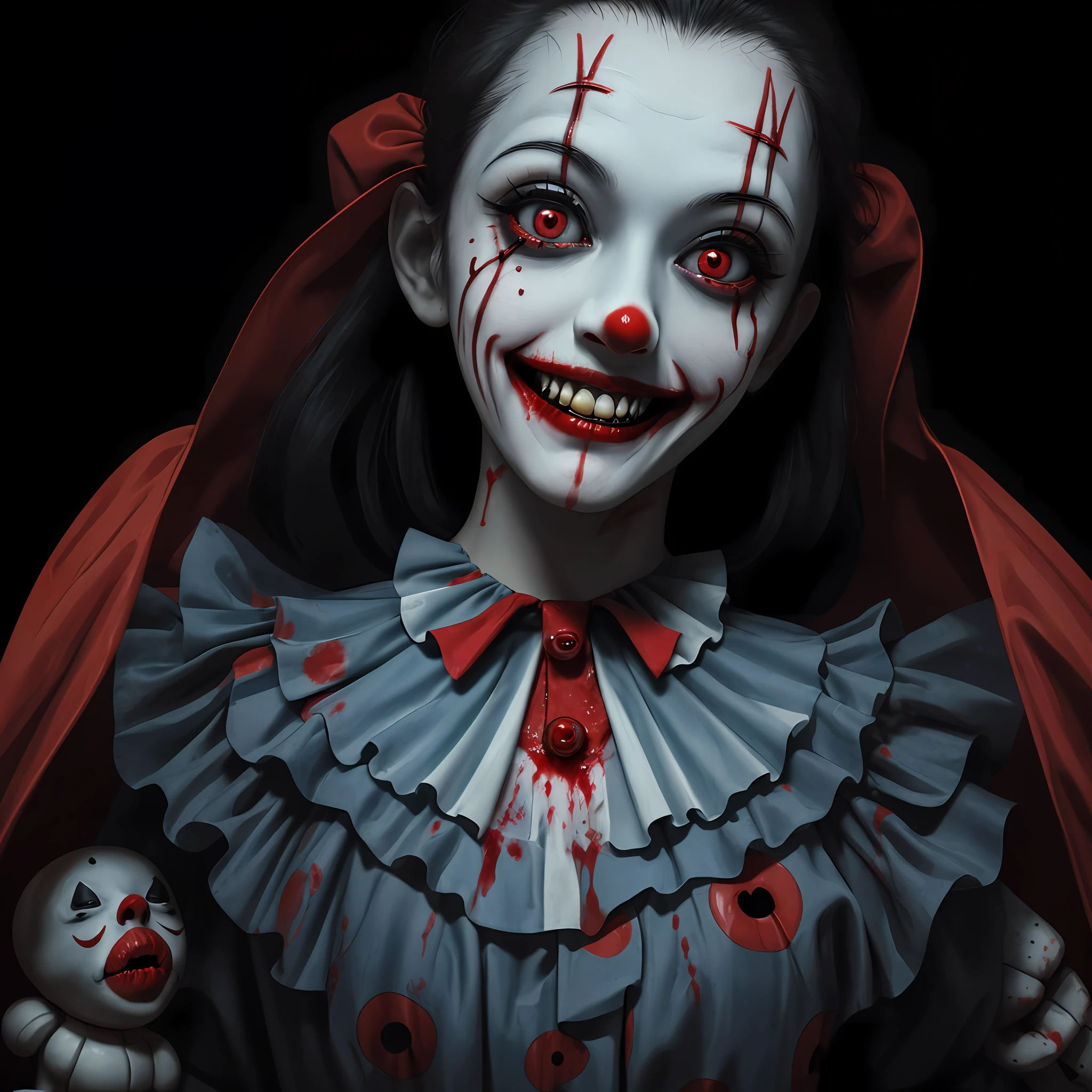 Scary clown, blood, evil smile, wide eyes, toys, macabre background, various colors, 8k qualities, cinematic focus, horror