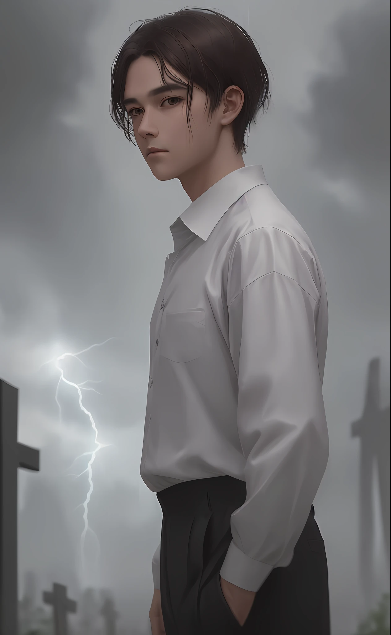 (best quality, masterpiece), (1man, solo, white loose shirt, black pants,looking at viewer, brown hair, gray eyes, closed mouth, upper body), (flowery cemetry background, tomb, monsoon season, rain), ( idol face, korean face , sharp eyeline) (male), ( face focus, potrait, cinematic lightning,