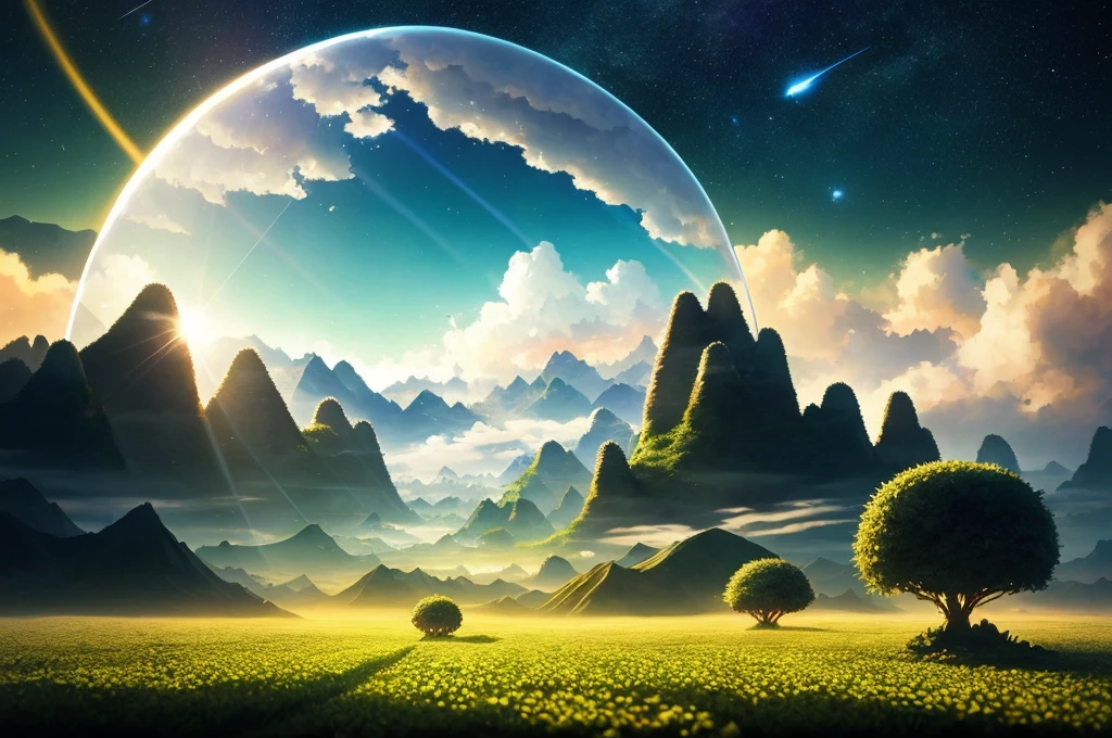 A anthill mirror sphere floating in space, flickering lights, sad hamster lost (heaven like green fields surrounded by high mountains and clouds:1.3), particles in the air, god rays, stars in the background, intricate fractals, detailed, (illustration), masterpiece, high resolution, best quality. intricate details atmospheric light refraction light engine unrealistic 5 cinema concepts photography octane masterpiece trend rendering at cgsociety rendered as