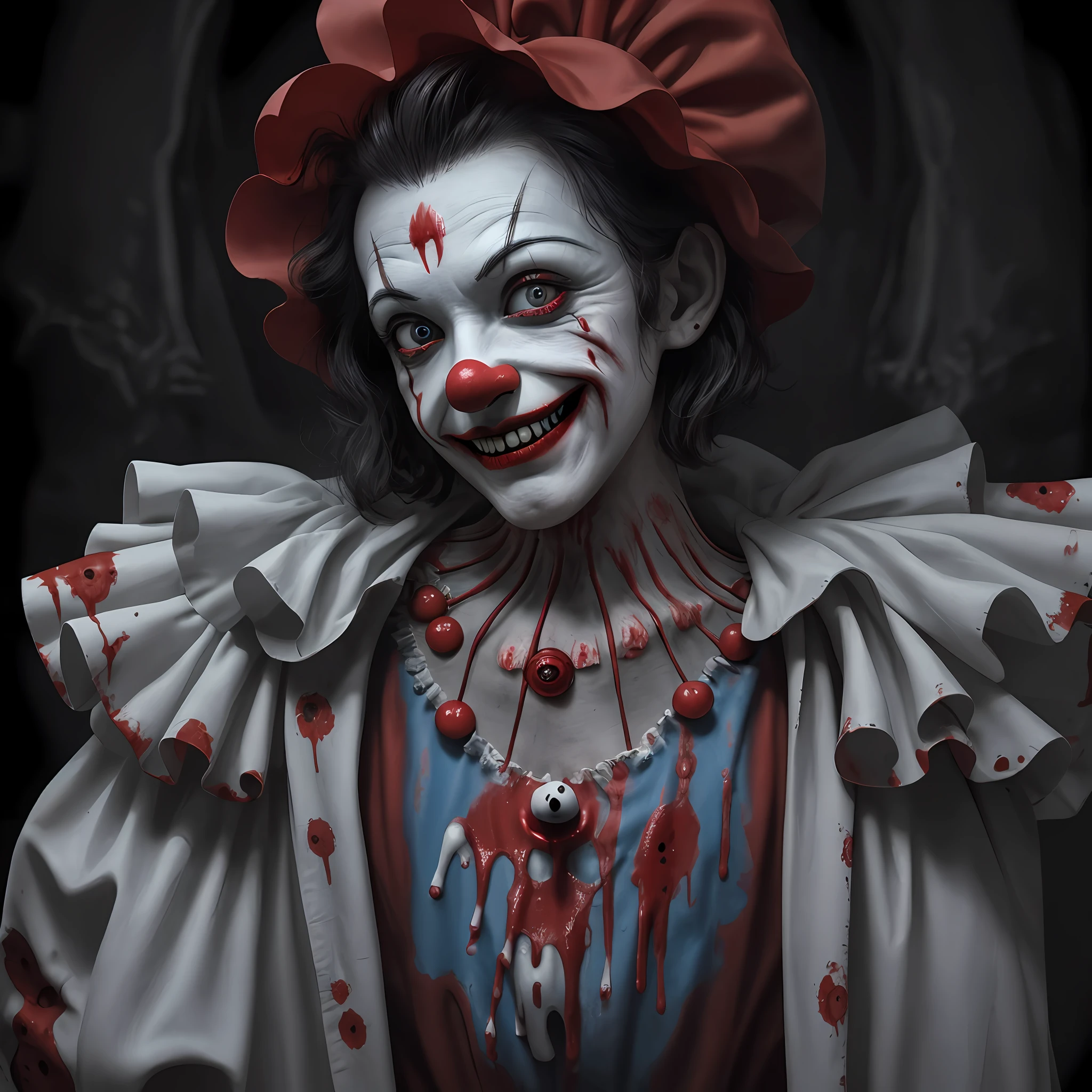 Clown man, scary, blood, evil smile, wide eyes, toys, macabre background, various colors, 8k qualities, cinematic focus, horror