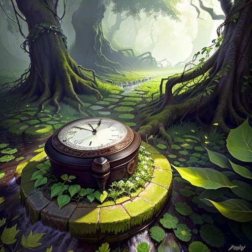 fantasy like seemingly broken vintage alarmclock with some leafy vines growing on it, lying down on muddy slippery rocks, art, aesthetic