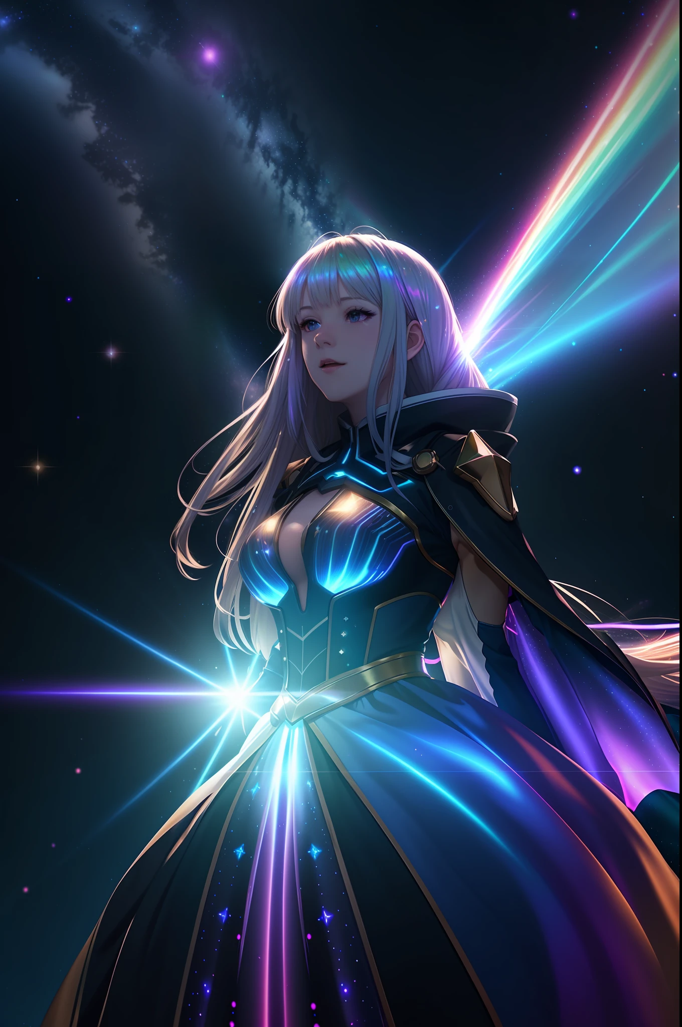 woman,long hair ,sunlight ,medium breasts, iridescent dress, glowing stars, A digital illustration, glowing stars, defraction spikes, chromatic aberration,bloom AND (glowing, holofoil:0.6),