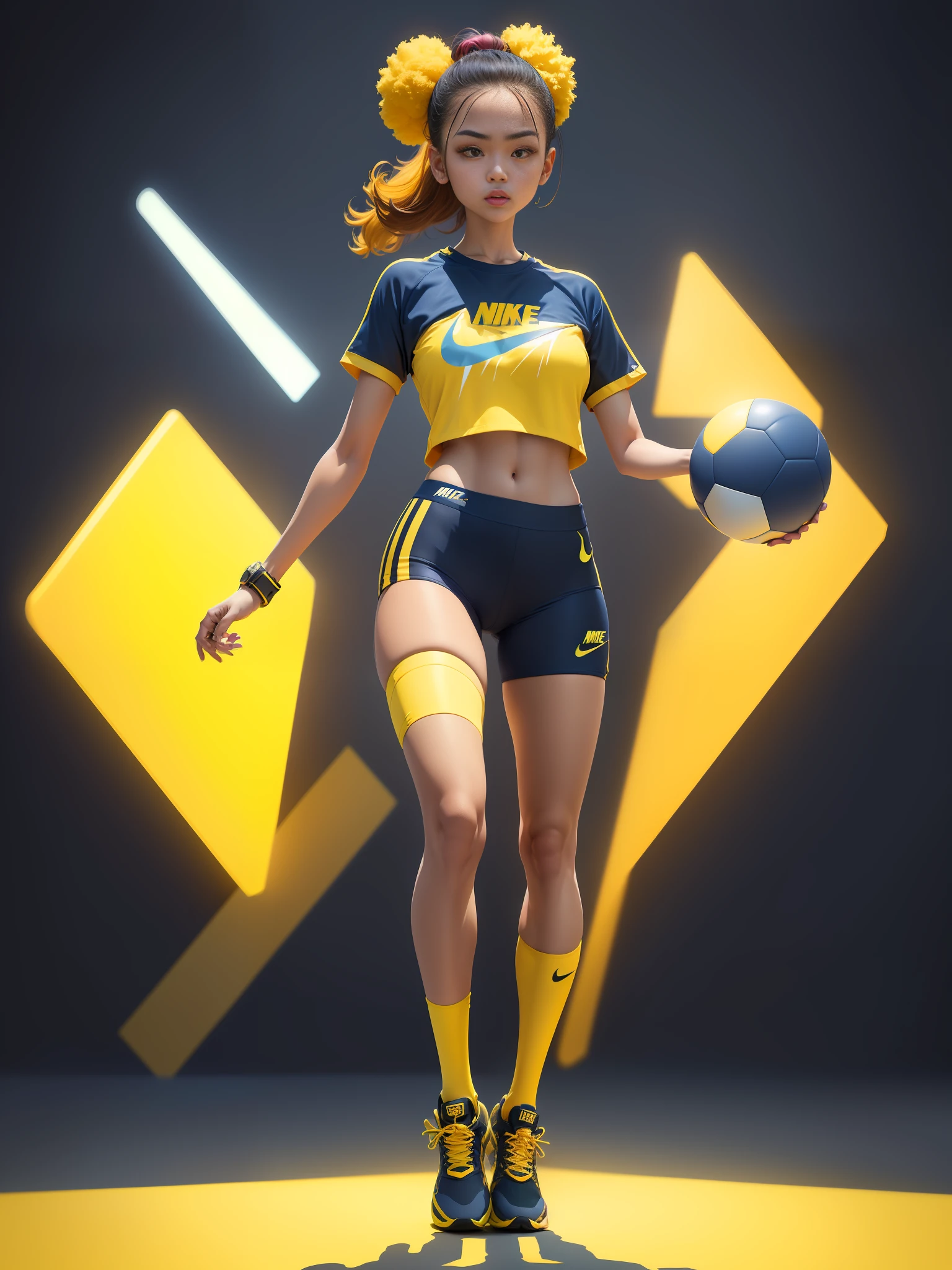 A stylish one-man design space background full of bubbles fluffy summer sports T-beam space background Cyberpunk ((yellow navy: 1.3) + (fashion: 1.1) + (trendy: 1.2)), (nike logo), (corona rendering), ((summer sports t-hu concept + concept art design): 1.3), (8K: 1.3), (2:3 aspect ratio + warm color Q2), (750 pixels), ((fashion elements) :(1.1+ Yellow navy blue T-shirt blends with fashion elements)), (Dynamics: 5)