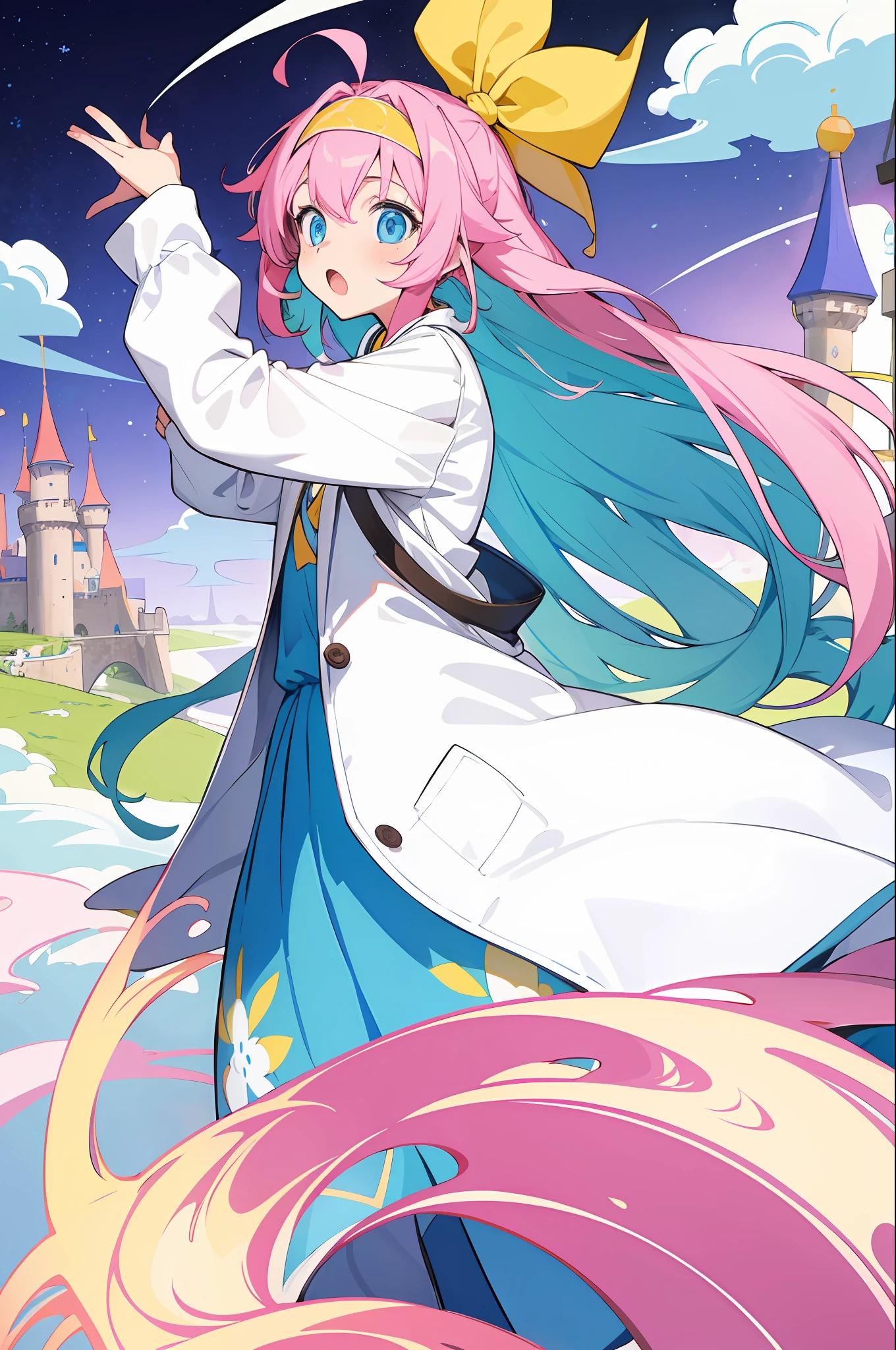 (masterpiece, best quality) long shot, detailed, 1girl, visually vibrant and colorful fantasy castle background by mika pikazo, surprised, ahoge, super long sleeves, book, white lab coat, headband