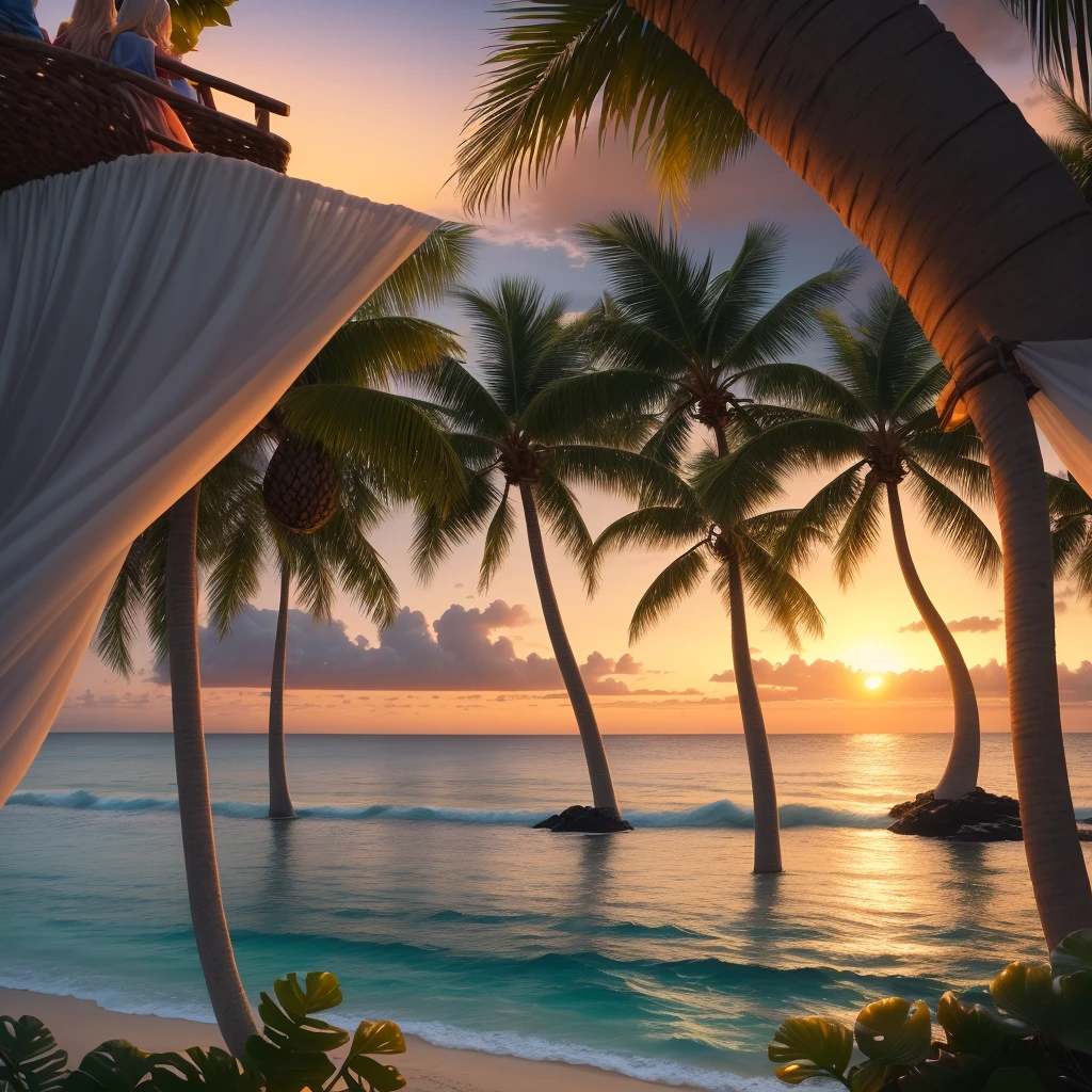 The ocean, the elves, the women, the island coconut trees, the evening sunset, a group of people eating dinner.