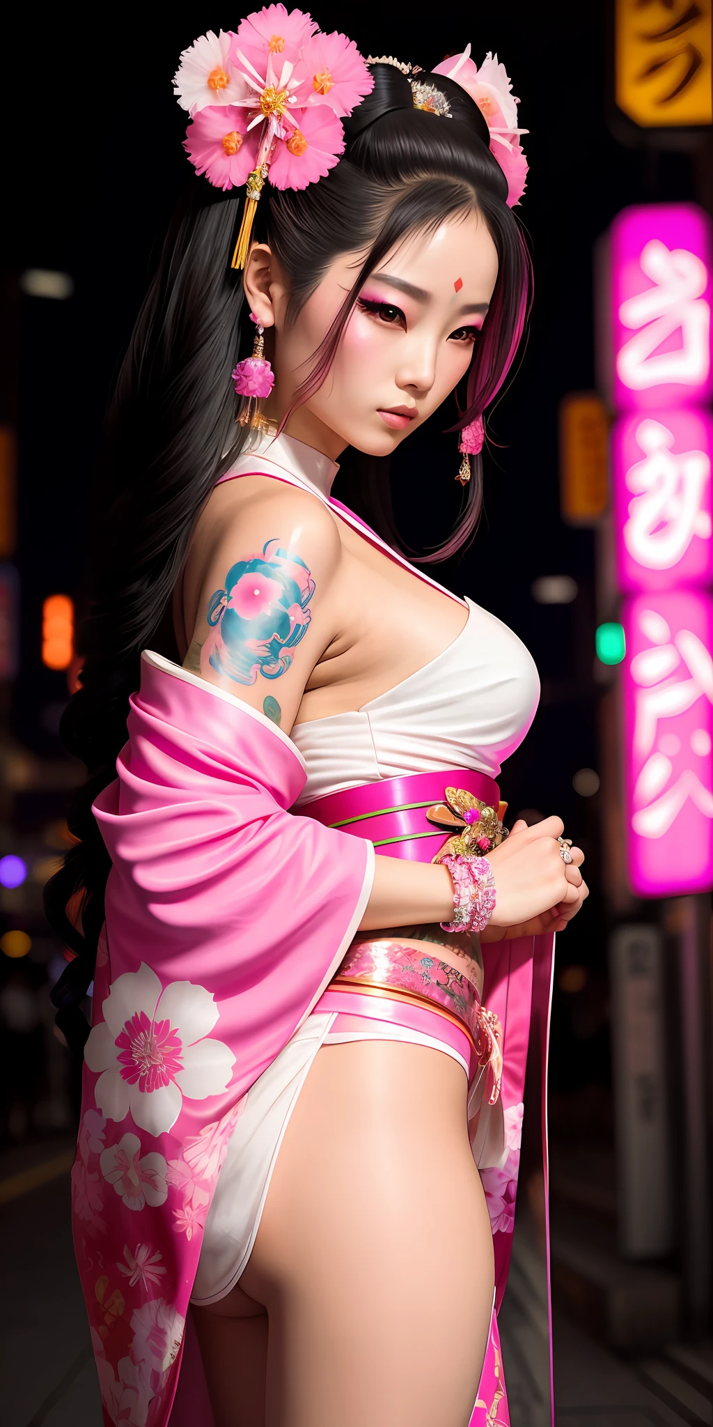 Beautiful young and sweet queen of cyberpunk geisha, woman, hot, with flowing hair, hyper realistic, masterpiece, best image) wearing jeweled rings and bracelets, wearing a short pink and white kimono with neon flowers drawn, is on her back, showing a bright neon tattoo, walking in cyberpunk Japan.