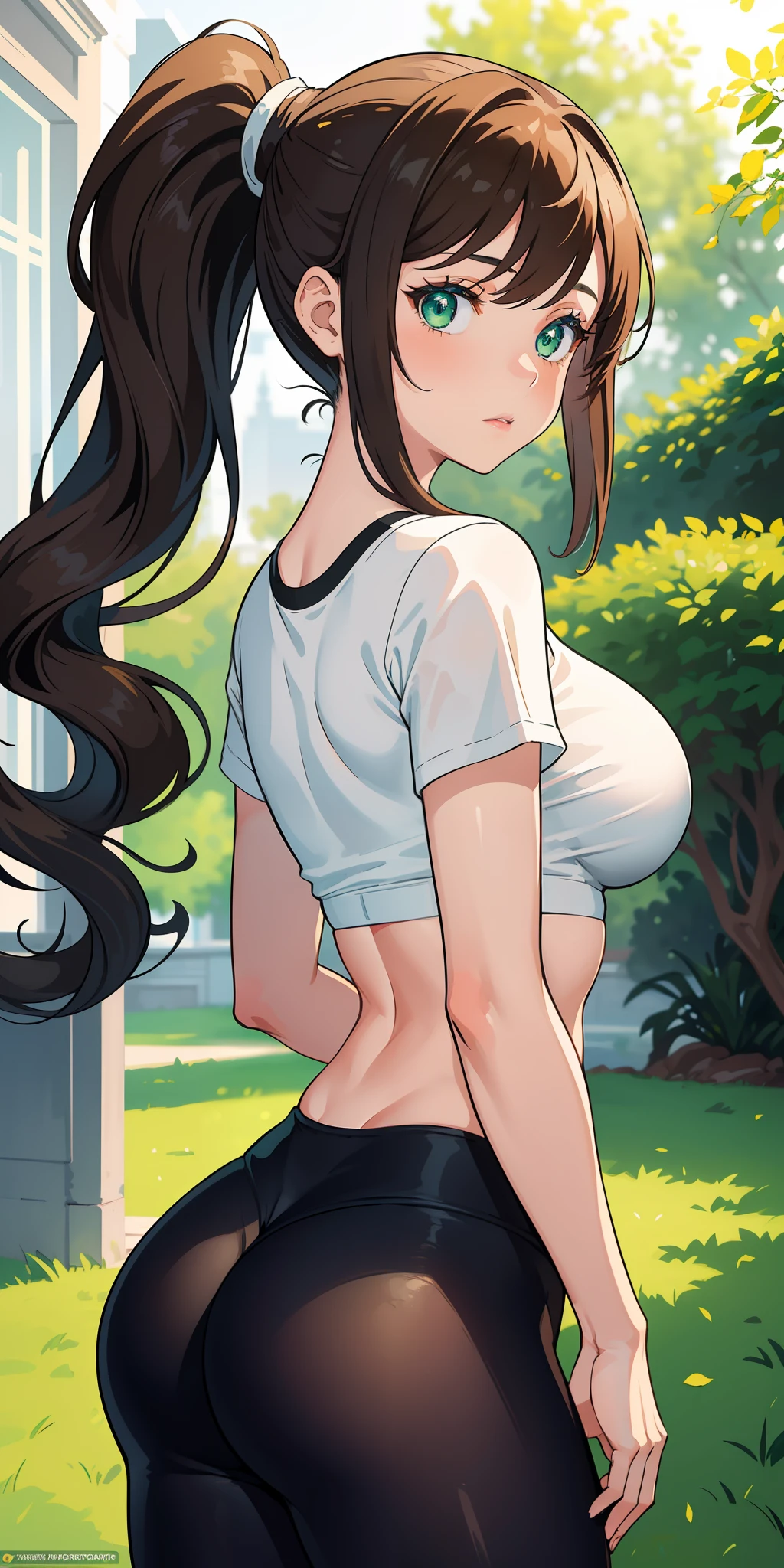 (masterpiece:1.2, best quality), (finely detailed beautiful eyes: 1.2), a girl with a brown ponytail, green eyes, big breasts, only 1 girl, age 20, yoga pants