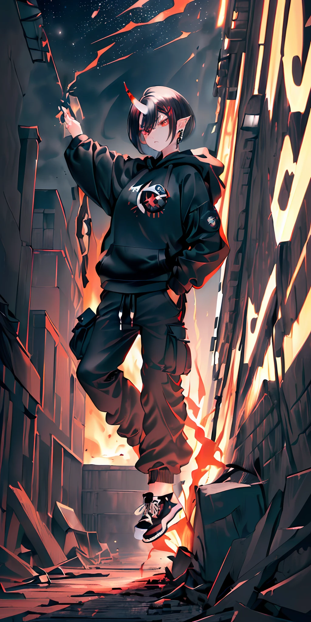 ((highest quality, masterpiece, 4k, finely detailed, gelbooru, pixiv)), finely detailed eyes and detailed face, warm lighting, ((solo)), 1boy, elf ears, (young boy), ((soft features)), emo, ((one demon horn fading from black to red on right side of head)), ((red eyes, sharp eyes)), skinny, ((black hair, messy straight bob hairstyle, short hair, longer middle strand), (looking at viewer, angry expression), ((black band logo hoodie, baggy cargo pants, black converse sneakers, earrings)), painted nails, night city background,, dark atmosphere, moonlight, dynamic pose, firesparks flying through air, ashes raining down