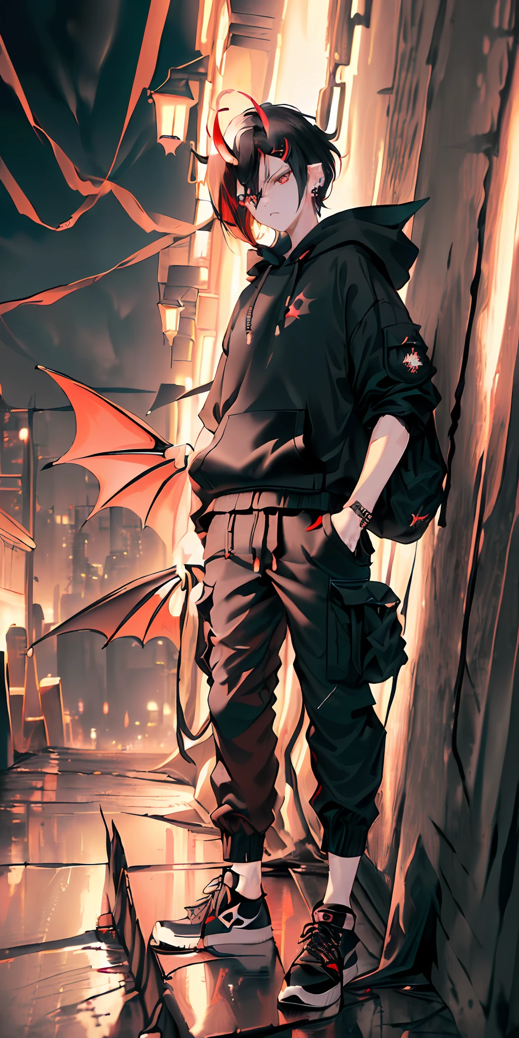 ((highest quality, masterpiece, 4k, finely detailed, gelbooru, pixiv)), finely detailed eyes and detailed face, warm lighting, ((solo)), 1boy, elf ears, (young boy), ((soft features)), emo, ((one demon horn fading from black to red on right side of head)), ((red eyes, sharp eyes)), skinny, ((black hair, messy straight bob hairstyle, short hair, longer middle strand), (looking at viewer, angry expression), ((black band logo hoodie, baggy cargo pants, black converse sneakers, earrings)), painted nails, night city background,, dark atmosphere, moonlight, dynamic pose, firesparks flying through air, ashes raining down
