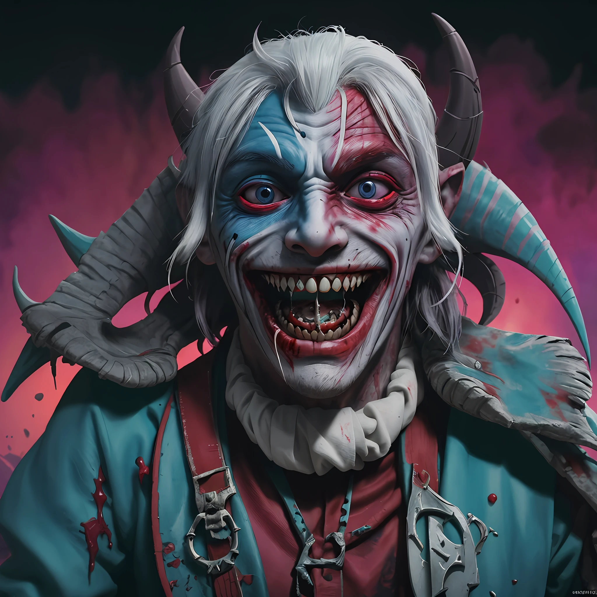 Shaco-like character, man, blood, evil smile, rotten teeth, colorful clothes, background with toys, bright and cold colors, 8k quality, cinematic focus