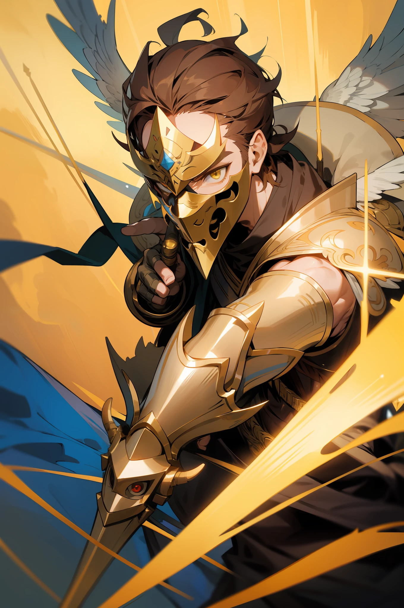 Anime angel man  wearing an armored mask with two rapiers, breath of the wild art style. Noble clothes, golden eyes, dark hair. Grinning