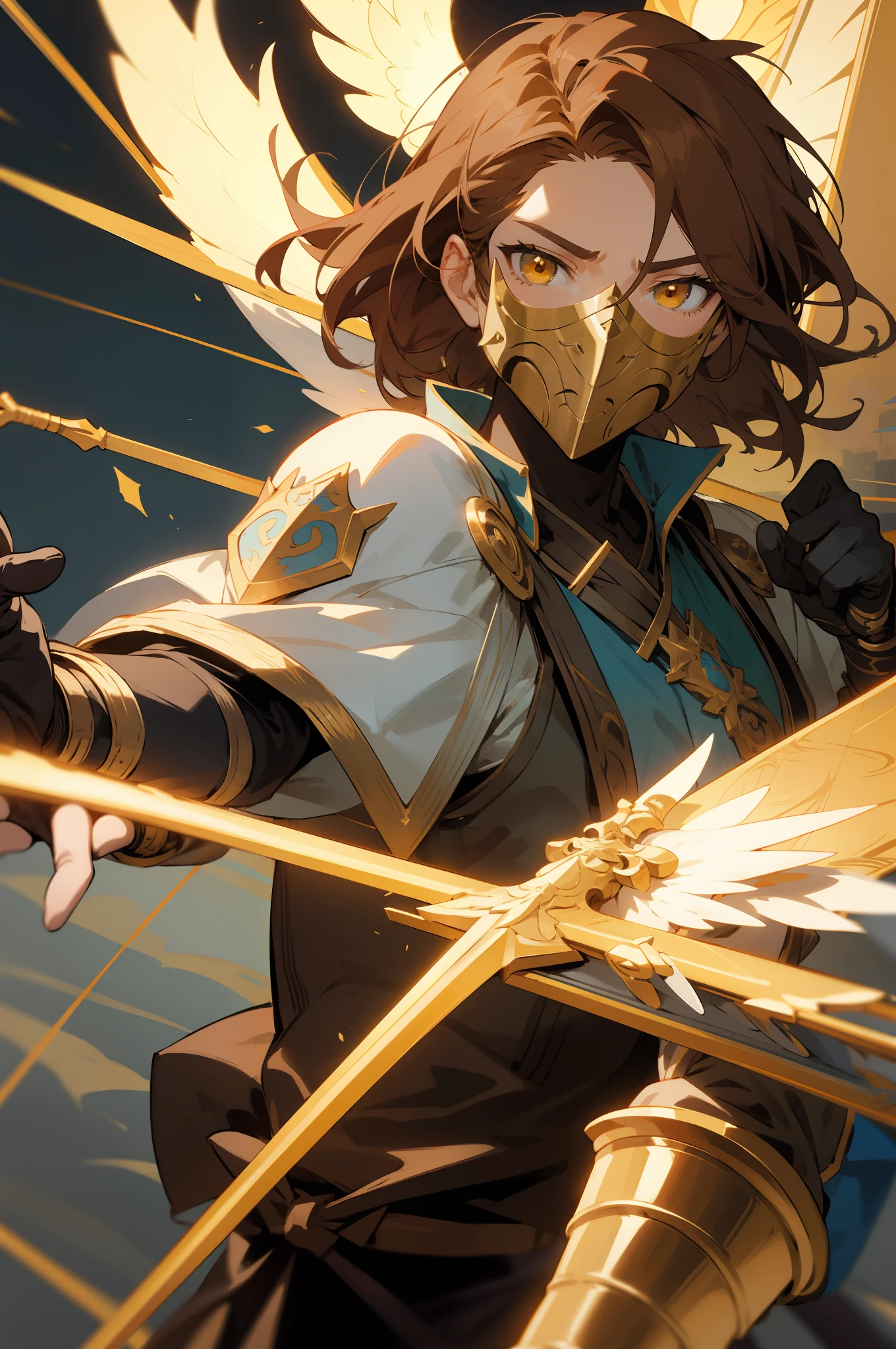 Anime angel man  wearing an armored mask with two rapiers, breath of the wild art style. Noble clothes, golden eyes, dark hair. Grinning