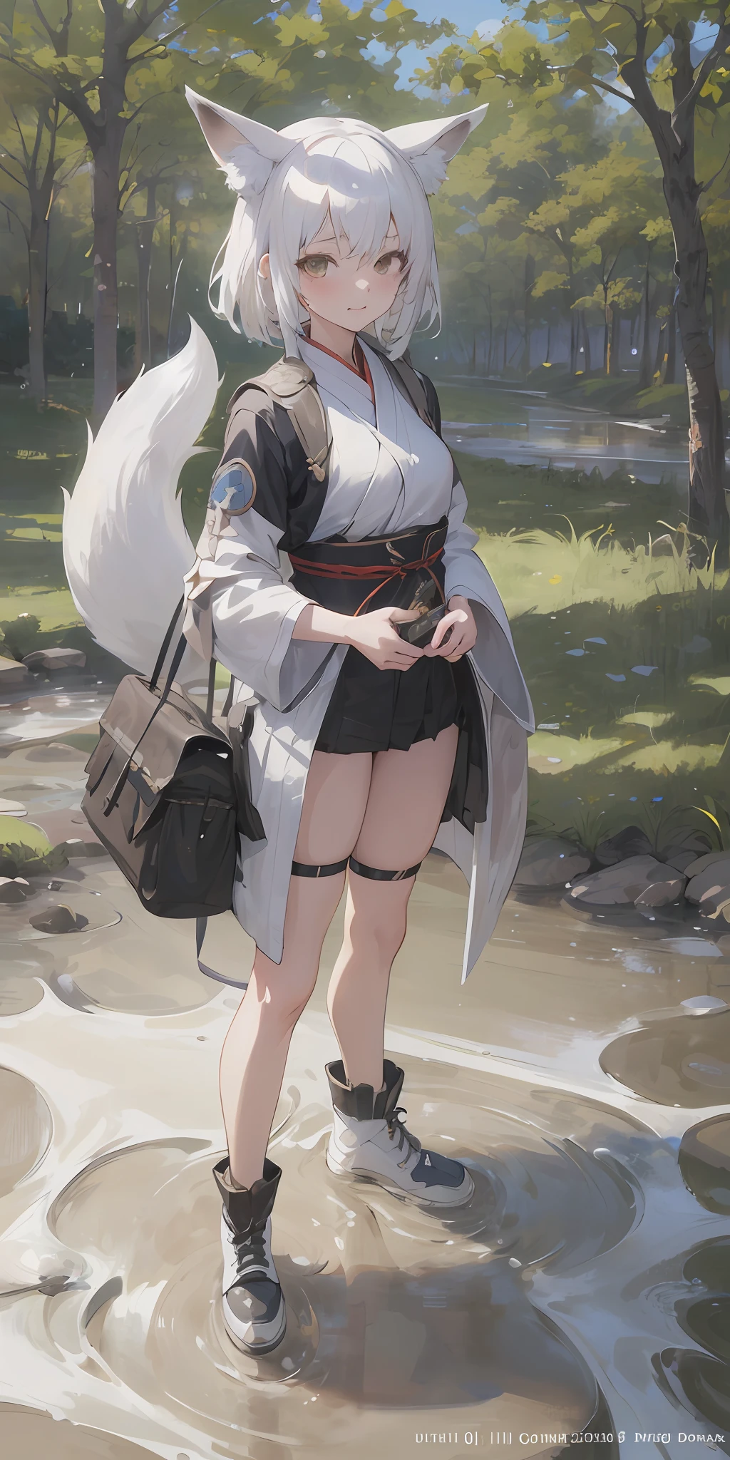 anime girl in a short skirt and a cat tail standing in a puddle, guweiz on artstation pixiv, guweiz on pixiv artstation, artwork in the style of guweiz, guweiz, white - haired fox, fox nobushi, trending on artstation pixiv, wlop and sakimichan, by Yang J