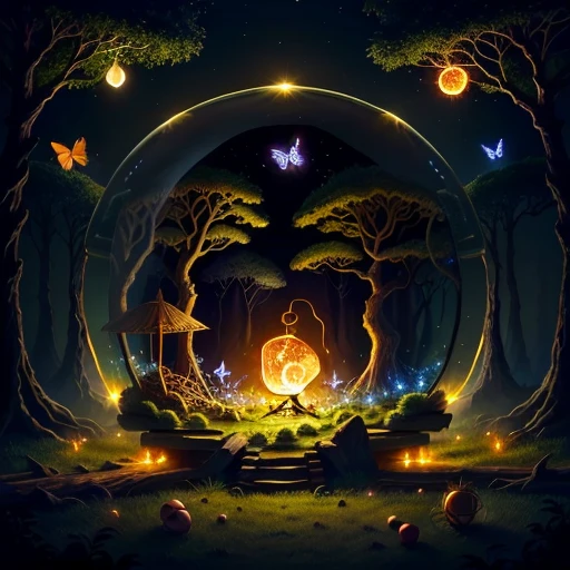 drawing me egg-shaped ant nests at night in an ancient forest, with tree spirits in spherical glass cages, twinkling lights, poetic, with fireflies and butterflies glowing, 4k, HDR, animated