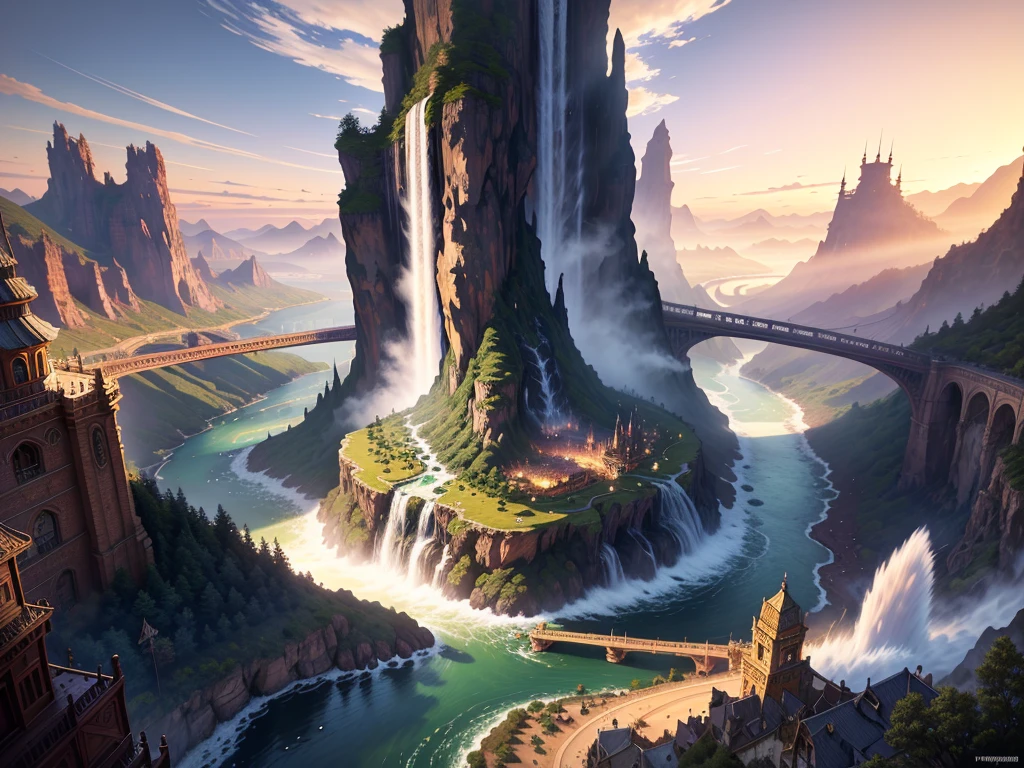 "(Masterpiece:1.2), extremely intricate details, FF14 style, dynamic painting, depicting a bustling mystical city with a majestic bridge that crosses a shimmering river, surrounded by giant waterfalls from which towering mystical towers emerge. The vast landscape explodes with vivid colors in the golden hour of photography."