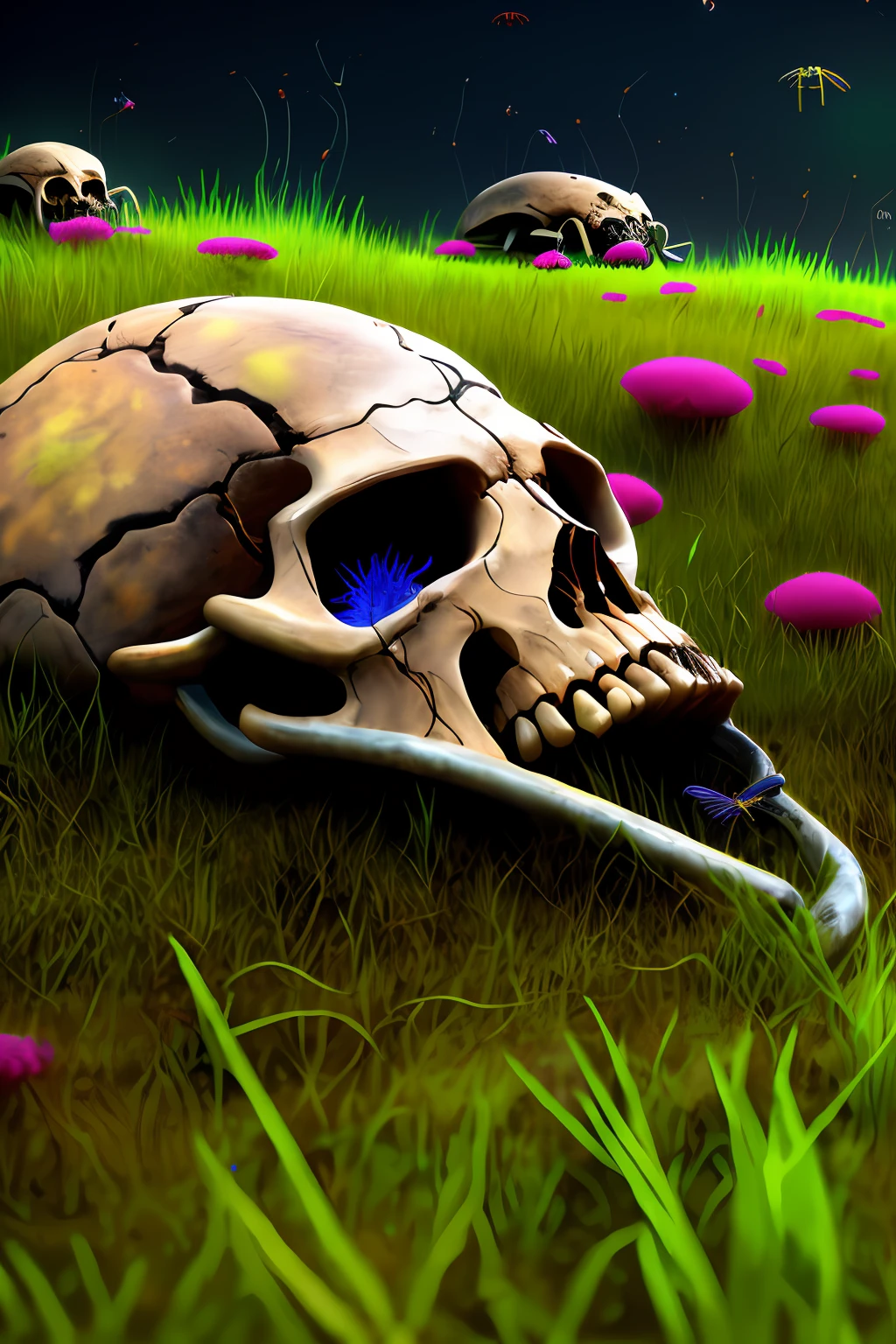 buffalo skull anthill lying on the ground, detailed, 3D rendered, around neon flowers and grass and fireflies, photorealistic, magical dark style