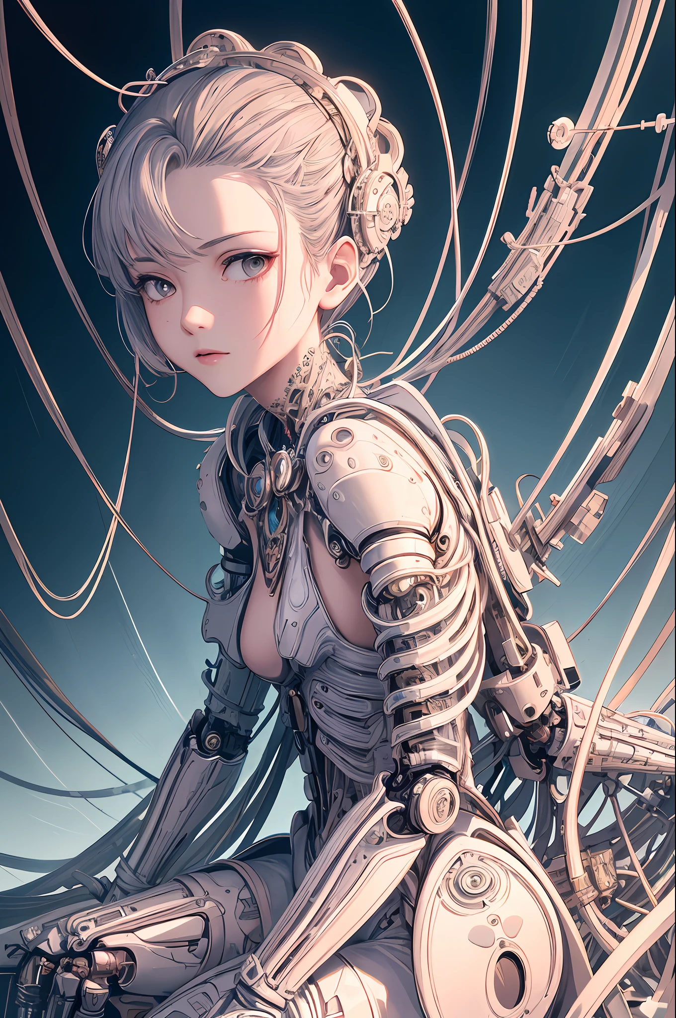 (((masterpiece))), (((best quality))), ((ultra-detailed)), (highly detailed CG illustration), ((an extremely delicate and beautiful)),(from side),cinematic light,((1mechanical girl)),solo,full body,(machine made joints:1.2),((machanical limbs)),(blood vessels connected to tubes),(mechanical vertebra attaching to back),((mechanical cervial attaching to neck)),(sitting),expressionless,(wires and cables attaching to neck:1.2),(wires and cables on head:1.2)(character focus),science fiction,extreme detailed,colorful,highest detailed