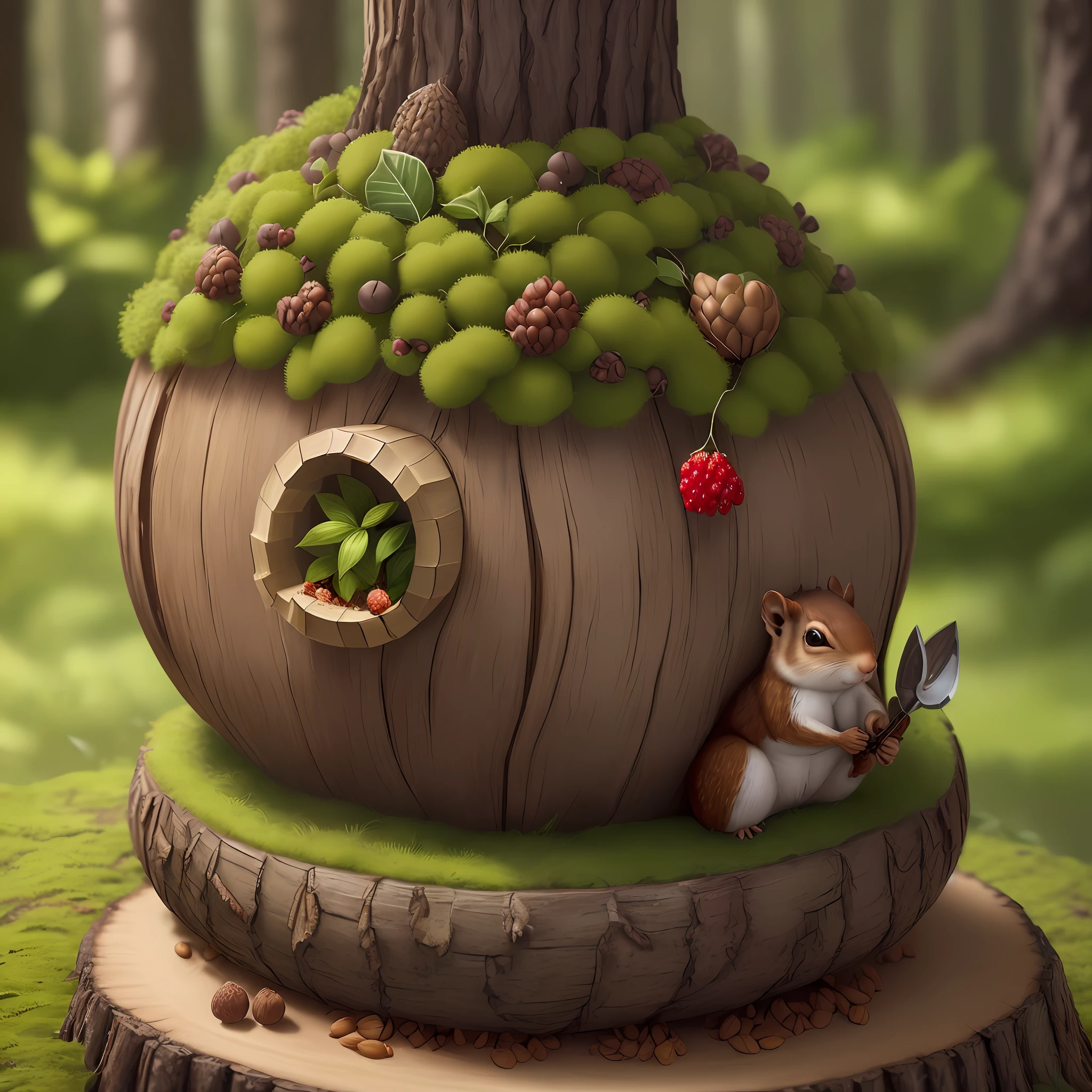 (extremely detailed, ultra-realistic CG woodland scene, masterpiece, best quality, high resolution), whimsical woodland scene anthill made of moss bark berries and nuts, with a clever, armored squirrel who's dozing off on top of the anthill, wearing chainmail and wielding a small sword, protecting the nuts and berries.
