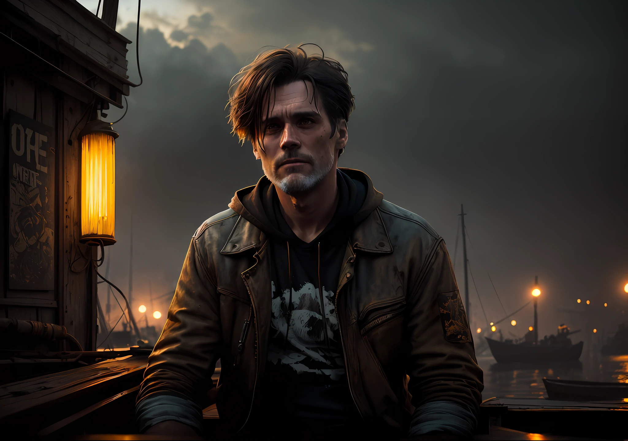 Jim Carrey dark photo: sitting on an old boat, realistic epic, portrait of, James Gilleard, Joe Fenton, Kaethe Butcher, yellow gradient, black, brown and magenta color scheme, grunge aesthetic!!! Graffiti brand wall background, art by Greg Rutkowski and Artgerm, soft cinematic light, Adobe Lightroom, Photo Lab, HDR, intricate, highly detailed, (depth of field: 1.4), faded, (neutral colors: 1.2), (HDR: 1.4), (soft colors:1.2), hyperdetailed, (Artstation:1.4), cinematic, warm lights, dramatic light, (intricate details:1.1), complex background, (Rutkowski:0.66), (blue and orange:0.4)