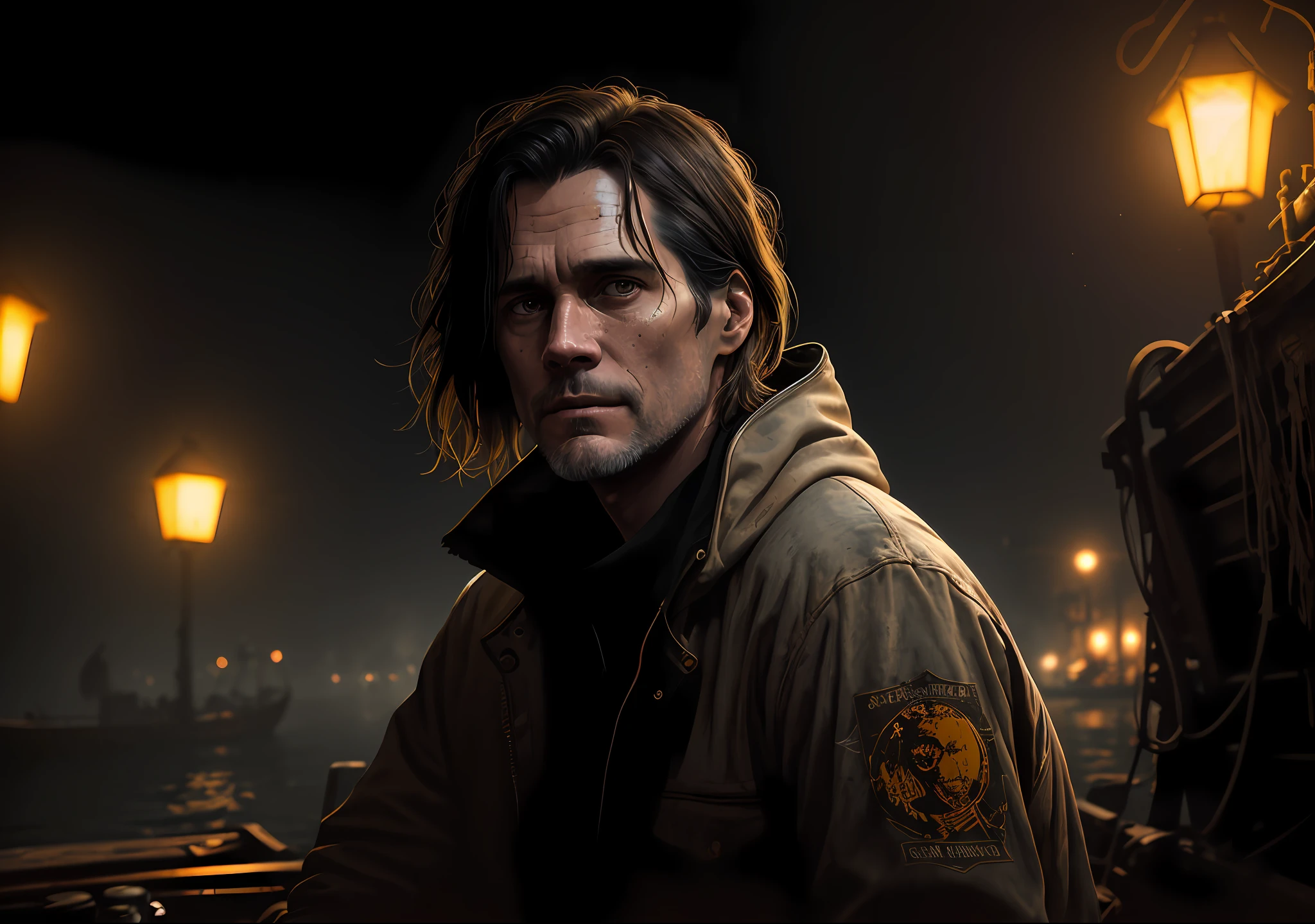 Jim Carrey dark photo: sitting on an old boat, realistic epic, portrait of, James Gilleard, Joe Fenton, Kaethe Butcher, yellow gradient, black, brown and magenta color scheme, grunge aesthetic!!! Graffiti brand wall background, art by Greg Rutkowski and Artgerm, soft cinematic light, Adobe Lightroom, Photo Lab, HDR, intricate, highly detailed, (depth of field: 1.4), faded, (neutral colors: 1.2), (HDR: 1.4), (soft colors:1.2), hyperdetailed, (Artstation:1.4), cinematic, warm lights, dramatic light, (intricate details:1.1), complex background, (Rutkowski:0.66), (blue and orange:0.4)