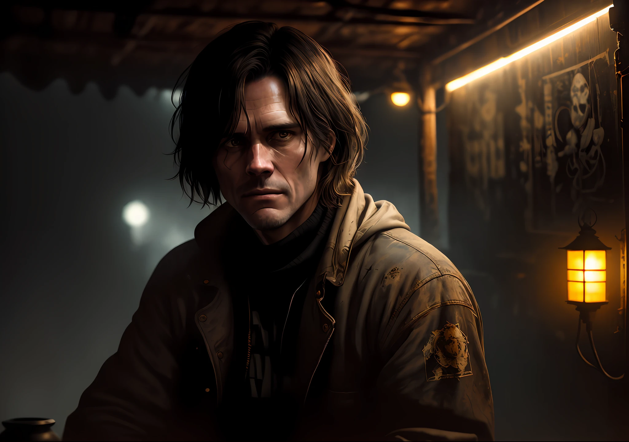 Jim Carrey dark photo: sitting on an old boat, realistic epic, portrait of, James Gilleard, Joe Fenton, Kaethe Butcher, yellow gradient, black, brown and magenta color scheme, grunge aesthetic!!! Graffiti brand wall background, art by Greg Rutkowski and Artgerm, soft cinematic light, Adobe Lightroom, Photo Lab, HDR, intricate, highly detailed, (depth of field: 1.4), faded, (neutral colors: 1.2), (HDR: 1.4), (soft colors:1.2), hyperdetailed, (Artstation:1.4), cinematic, warm lights, dramatic light, (intricate details:1.1), complex background, (Rutkowski:0.66), (blue and orange:0.4)