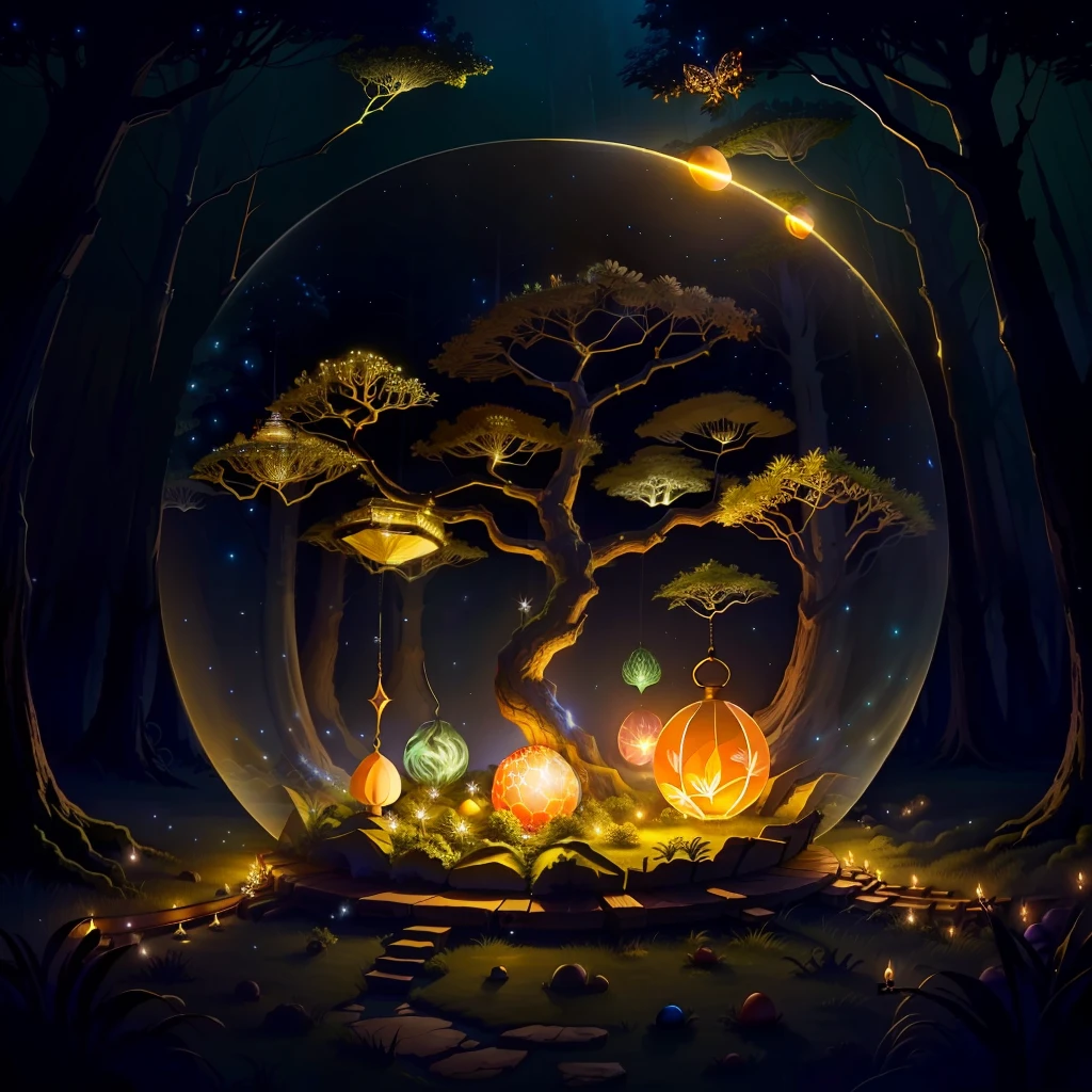 drawing me egg-shaped ant nests at night in an ancient forest, with tree spirits in spherical glass cages, twinkling lights, poetic, with fireflies and butterflies glowing, 4k, HDR, animated