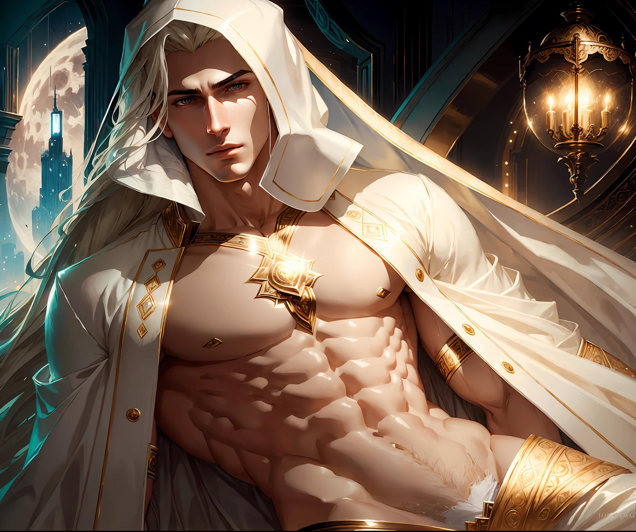 masterpiece, highest quality, (overwhelmingly pixel-perfect,), (perfect face:1.1), (high detail:1.1), dramatic, 1guy, (pale skin), gorgeous facial features, long white hair, white eyes, white eyebrows, solo, long hair, moon, night, white luxury suit, covered navel, pouty lips, covered, futuristic city, detailed background, art by artgerm and greg rutkowski, cinematic lighting, roses, fashion
