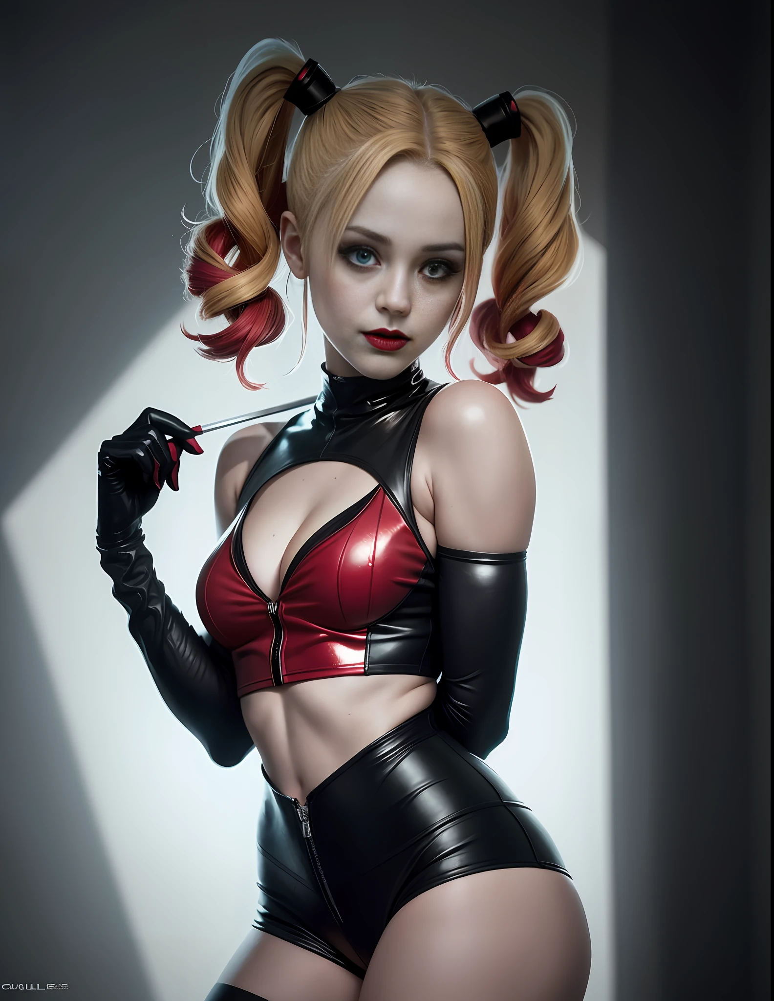one week later harley quinn by chris, in the style of softbox lighting, dark crimson, adafruit, wrapped, matte photo, bulbous, sleek